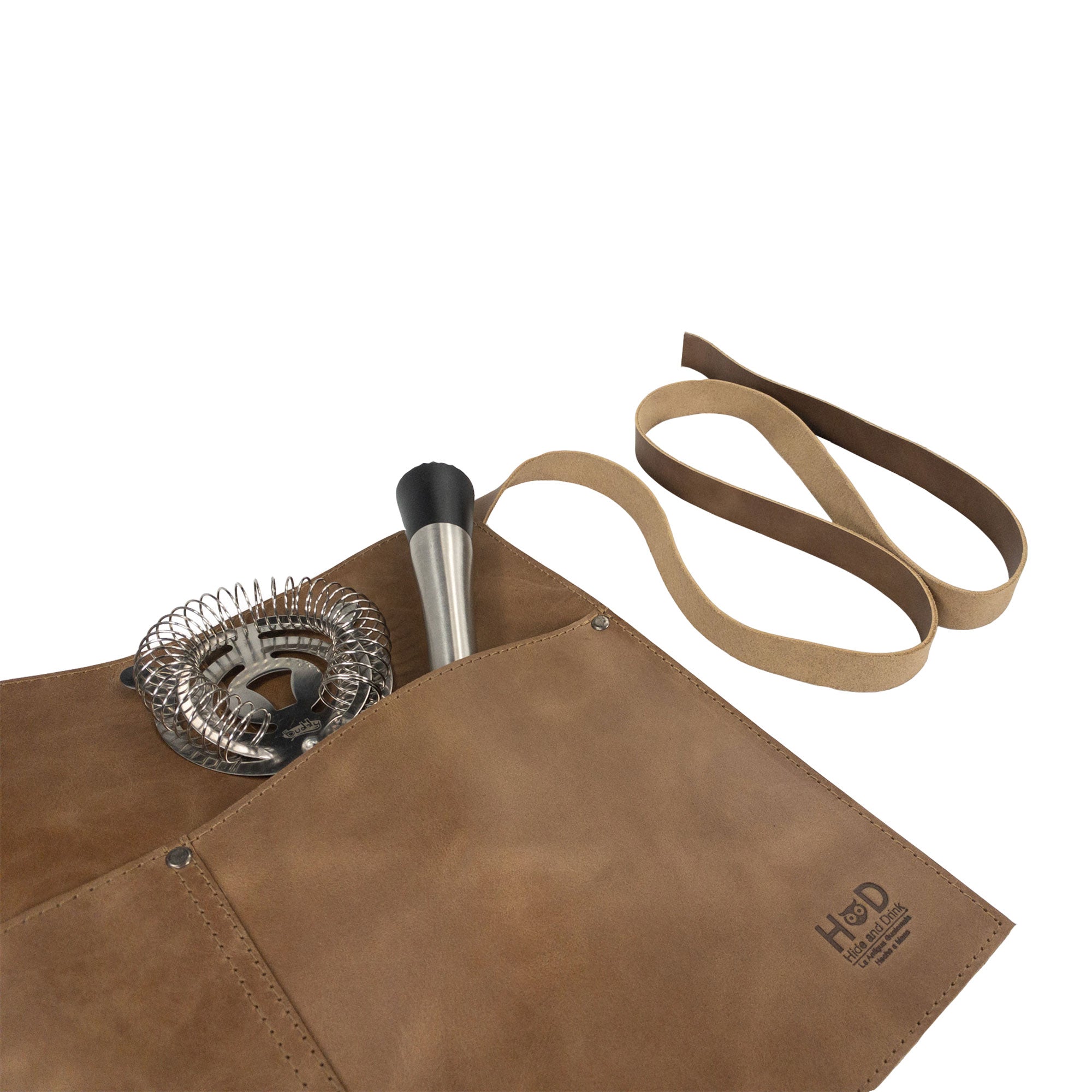 Close-up view of the Hide & Drink Barista Leather Waist Apron with unique riveted pockets, emphasizing its craftsmanship with full grain leather, handmade in La Antigua Guatemala & Oaxaca Mexico.