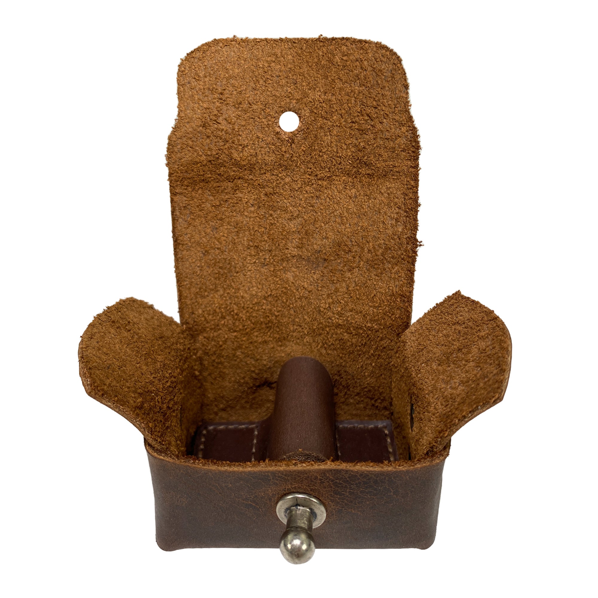 Open view of a rustic cufflinks case by Hide & Groom, showcasing the interior designed for convenient shirt stud storage. This unique cufflinks case combines style and functionality for the modern man. Rustic Cufflinks Case - Protective Storage for Shirt Studs, Men's Accessories, Full Grain Leather, StockyardX, Small Batch Production, Hand Cut, Hand Sewn, Fire Branded, Artisan, Handmade in La Antigua Guatemala & Oaxaca Mexico.