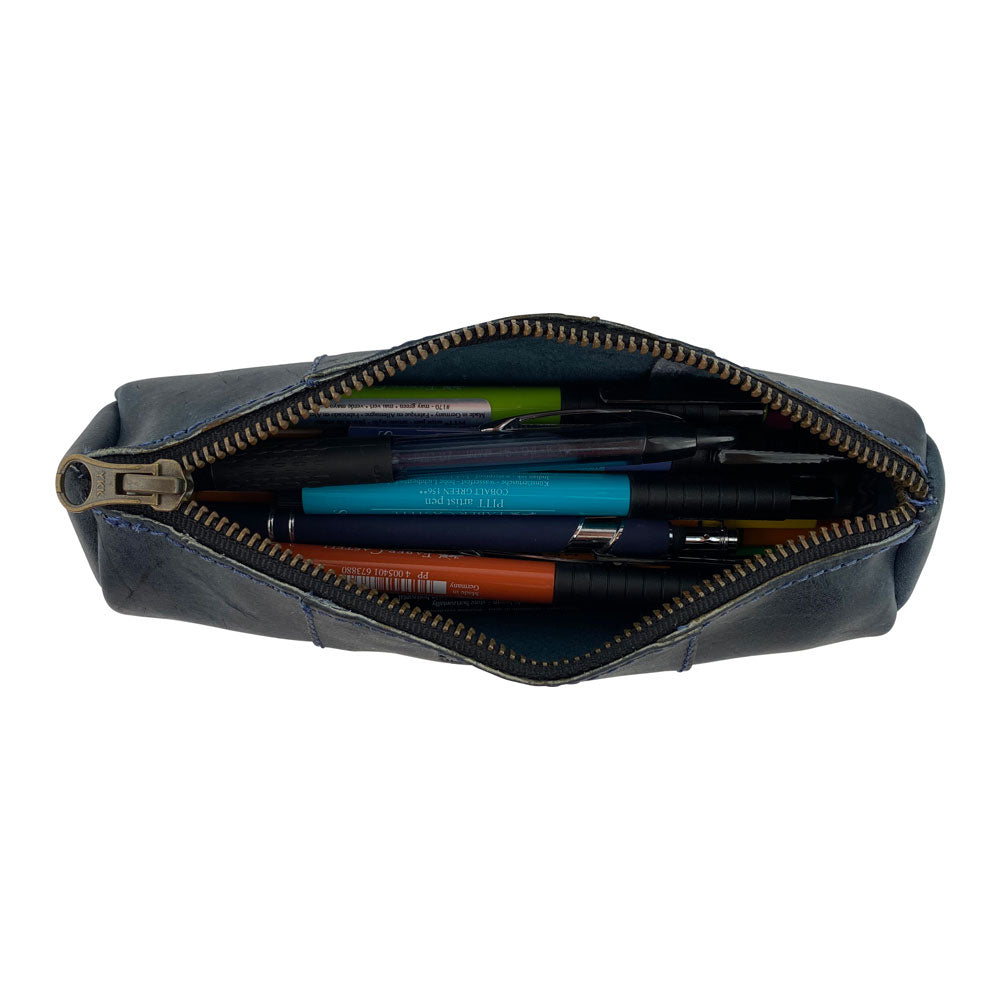 Utility Cylinder Case by Hide & Drink loaded with colorful pens, showcasing its practicality for daily use. This artisan-crafted bag is made from Full Grain Leather, ideal for personal items. Cylinder Case, Classic Bag, Handmade.