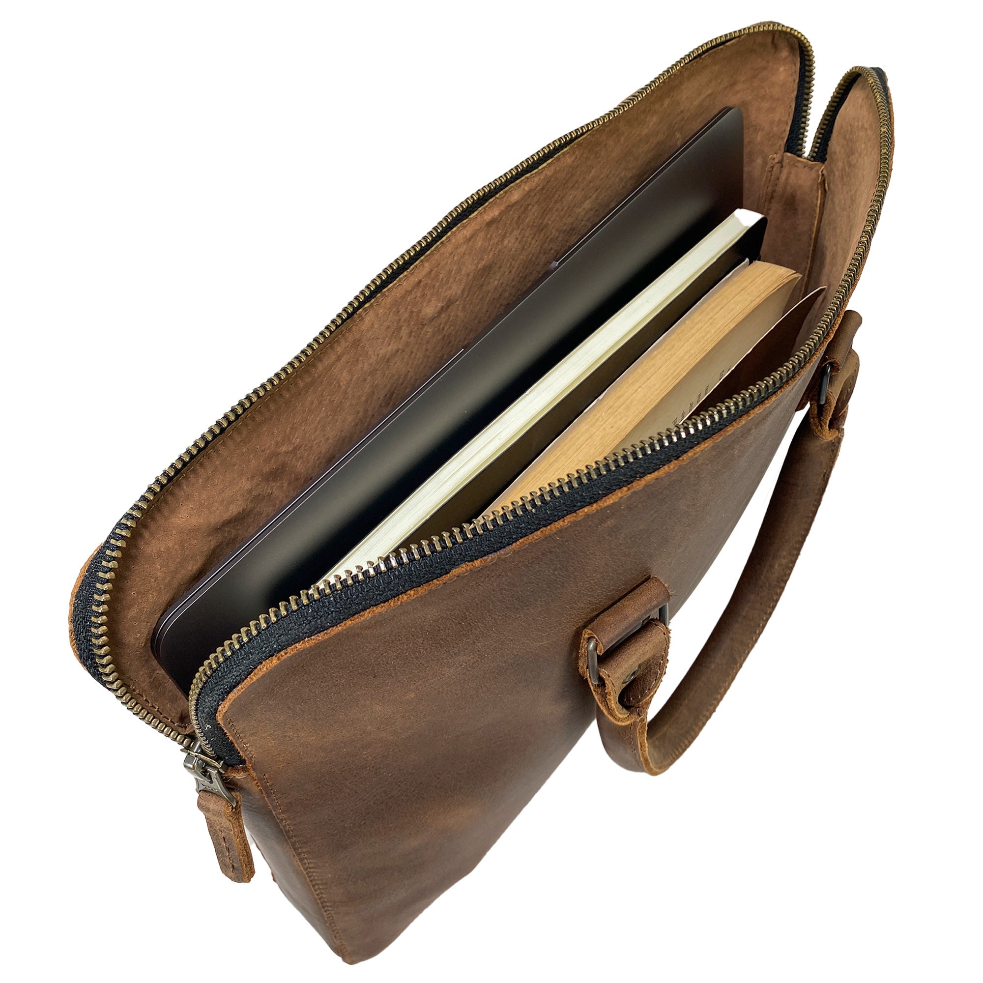 Open view of the LeatherTex 13" Laptop Portfolio Case with a laptop and notebook inside, showcasing its spacious interior. Perfectly compatible with MacBook Air/Pro 13 Inch with M1 Chip, this portfolio style case is handmade and emphasizes the fire branded, artisan quality of LeatherTex products.