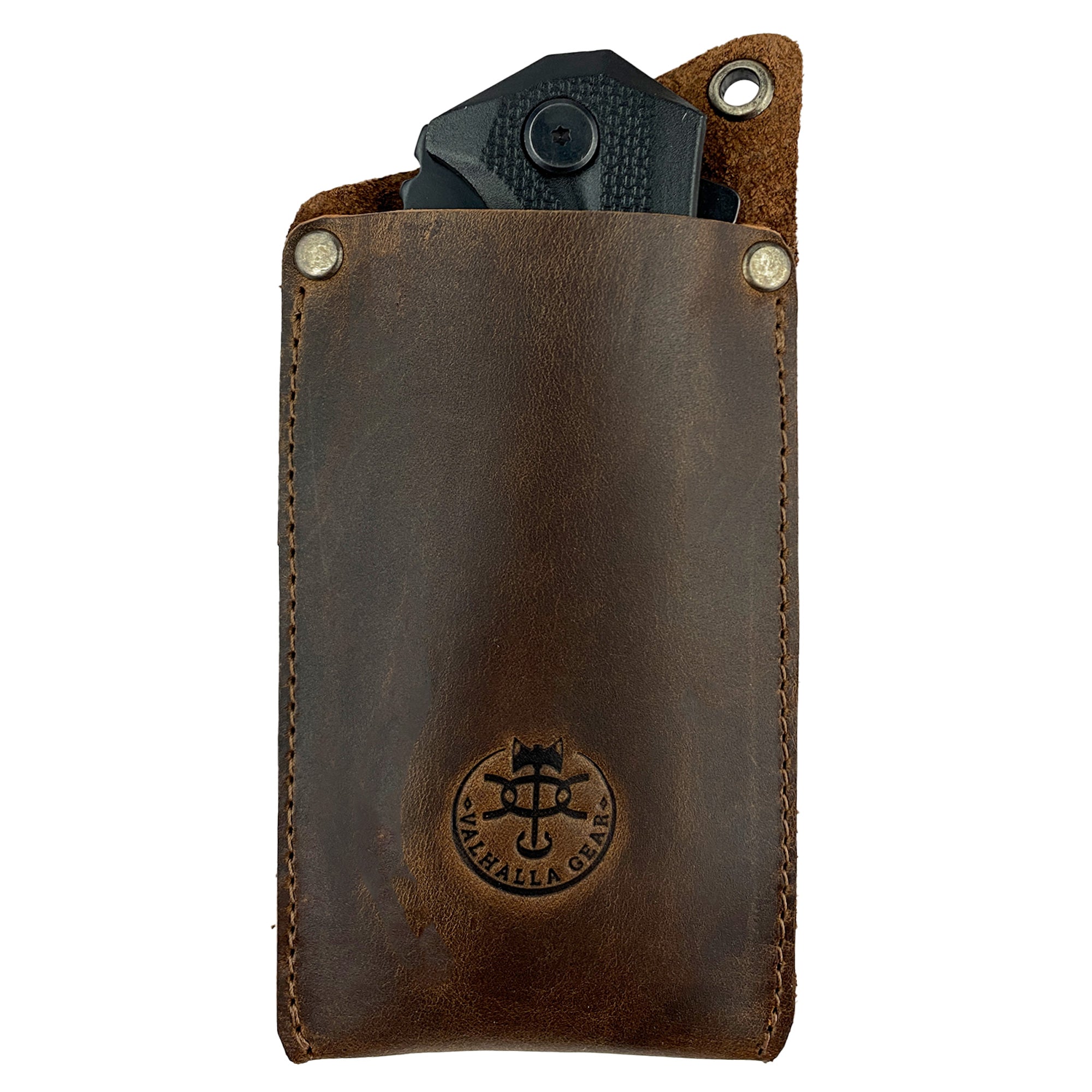 Valhalla Gear EDC Knife Sheath with a multitool securely stored, crafted from full grain leather. This rectangular knife sheath serves as a vertical holster and multitool holder, making it a crucial tool case for camping and outdoor accessories. Handmade in La Antigua Guatemala with careful attention to hand cut and sewn craftsmanship.