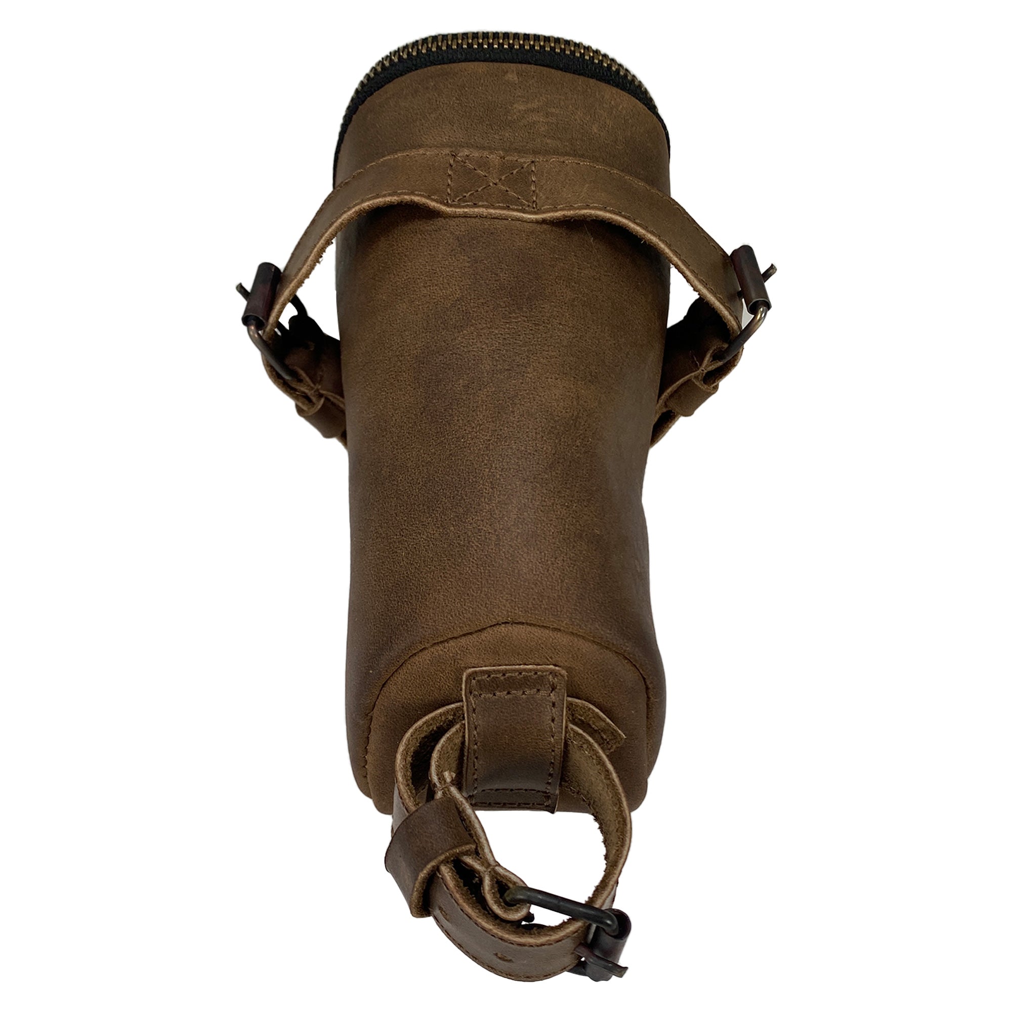 Top view of the Hide & Ride Under Seat Pouch showcasing its sturdy strap and leather design. Perfectly representing a Bicycle Under Seat Pouch, it serves as a multi-functional organizer for those who commute by bike. This accessory bag, made from full grain leather, is a testament to small batch artisan production in La Antigua Guatemala & Oaxaca Mexico.
