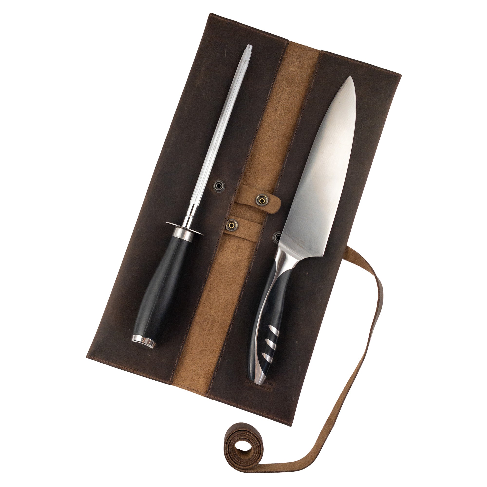 Cast Leather Co. Leather Double Knife Roll featuring a chef's knife and honing steel securely stored inside. The Full Grain Leather Double Knife Roll for chefs serves as a rugged storage option that breathes life into any culinary setup. Handcrafted in La Antigua Guatemala & Oaxaca Mexico.