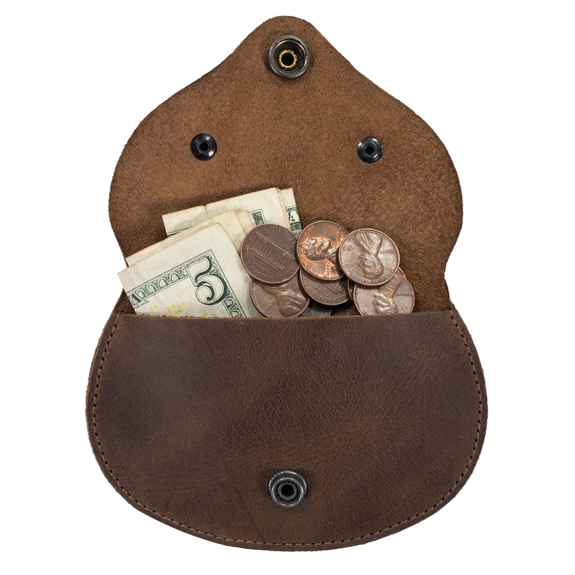 Open view of the Foxy Head Shape Coin Pouch by Hide & Play, showcasing its spacious interior designed for coins and cash. Made from Full Grain Leather, this pouch boasts small batch production and is hand cut, hand sewn, and fire branded, illustrating the artisan craftsmanship from La Antigua Guatemala & Oaxaca Mexico.