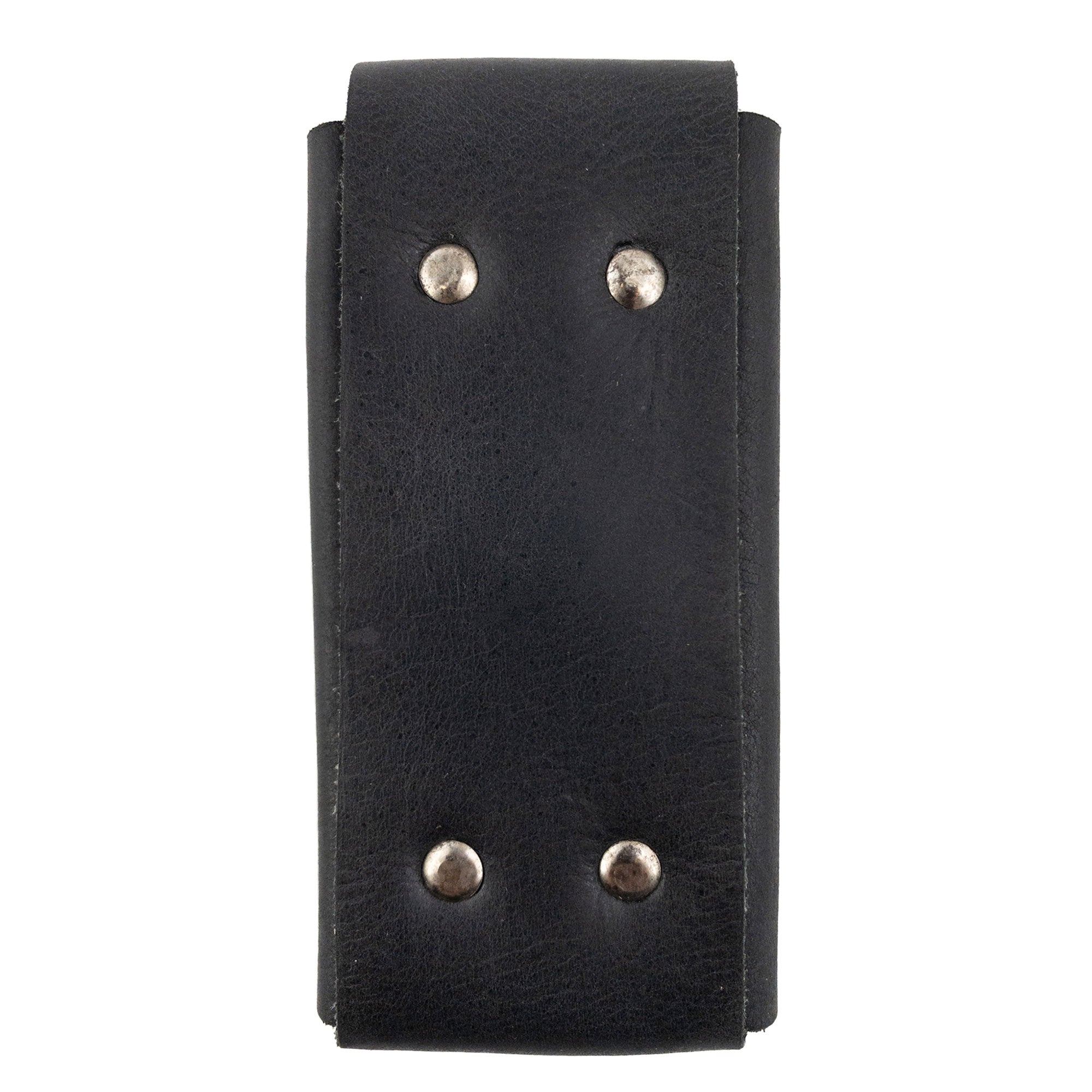 Back of Hide & Drink Knife Case, showcasing rivets and black full grain leather texture. This handmade knife case acts as a reliable protector, essential for hiking and camping trips, reflecting the artisanal small batch production methods used in La Antigua Guatemala.