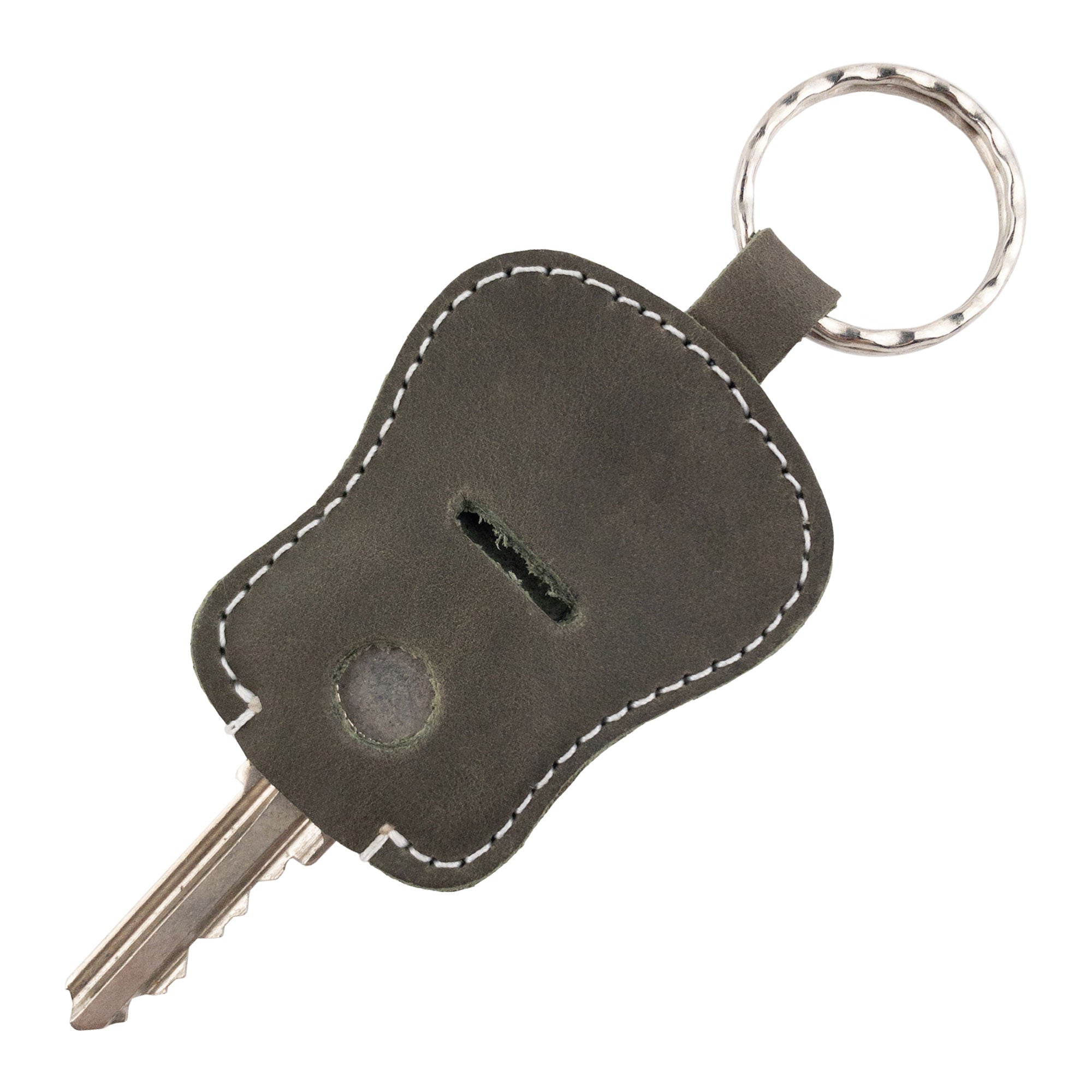 Gray Guitar Keychain by Hide & Drink showing its functional design for handy key management. This handcrafted key holder is made from Full Grain Leather, highlighting artisan production techniques from La Antigua Guatemala & Oaxaca Mexico.