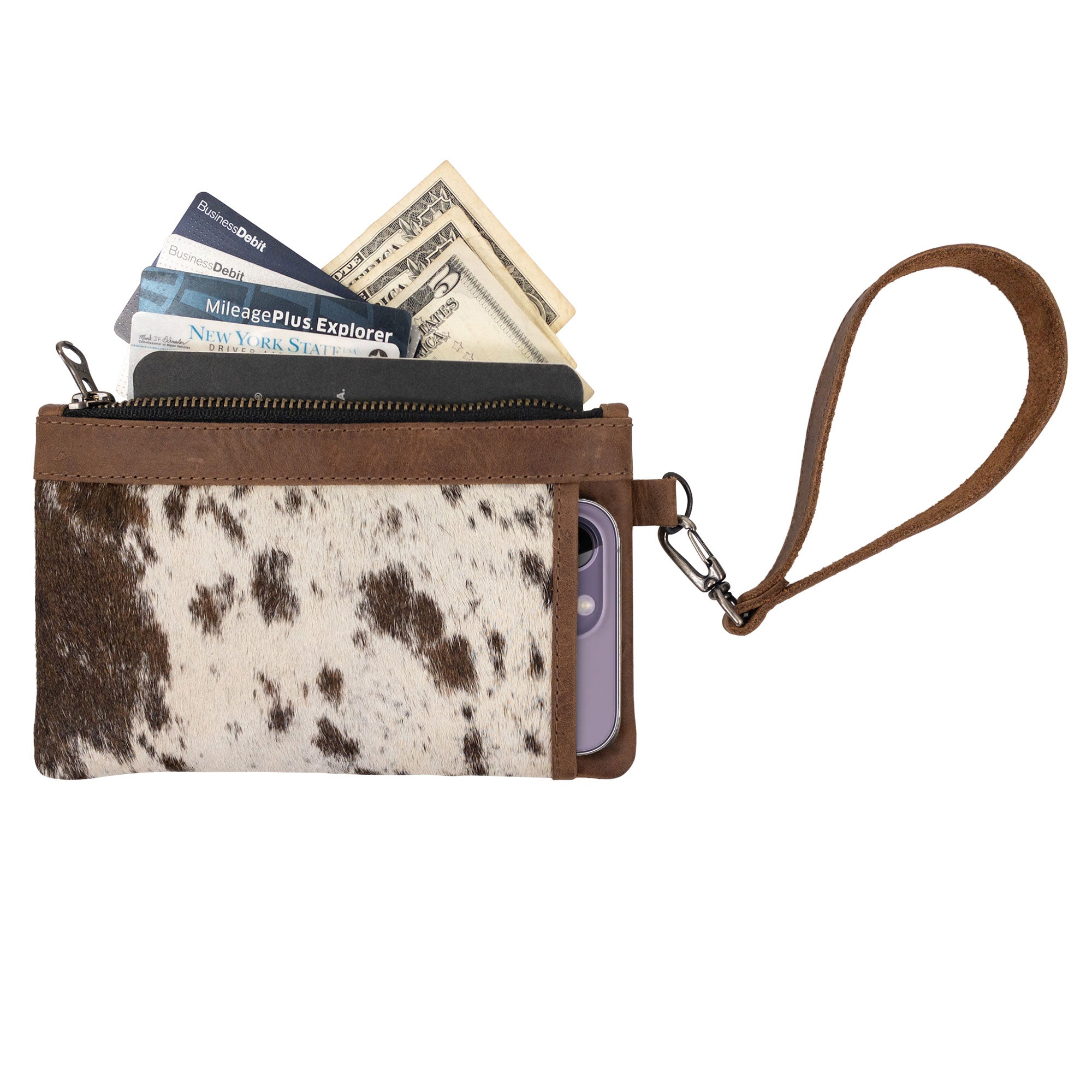 Open Wristlet Clutch Bag by Western Leather Works displaying cash and cards inside. This practical rectangular wristlet clutch handbag merges Western style with full grain leather, making it perfect for evening outings. Handmade with care in La Antigua Guatemala.