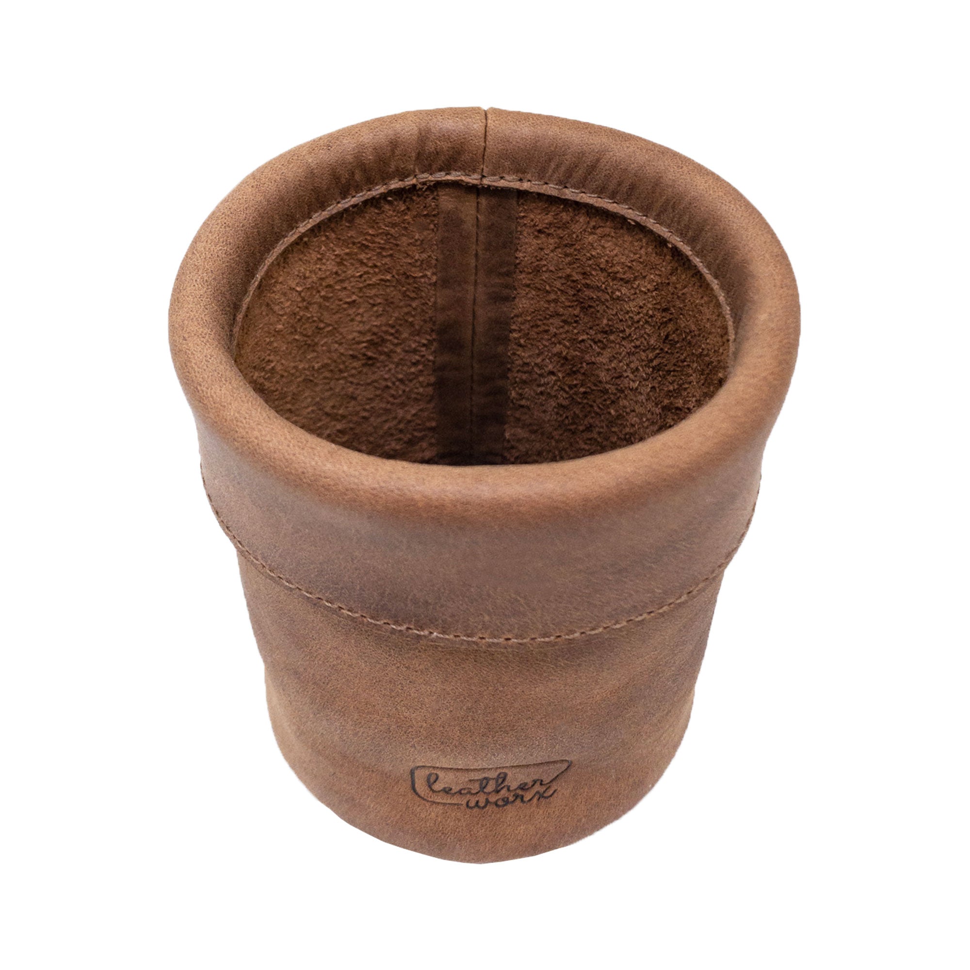 Interior view of the Leather Worx Pen Organizer, showing its practicality and premium finish. This Pen Organizer Cylinder Pencil Holder is perfect for both work and school, crafted from Full Grain Leather with artisan touches and small batch production from La Antigua Guatemala & Oaxaca Mexico.