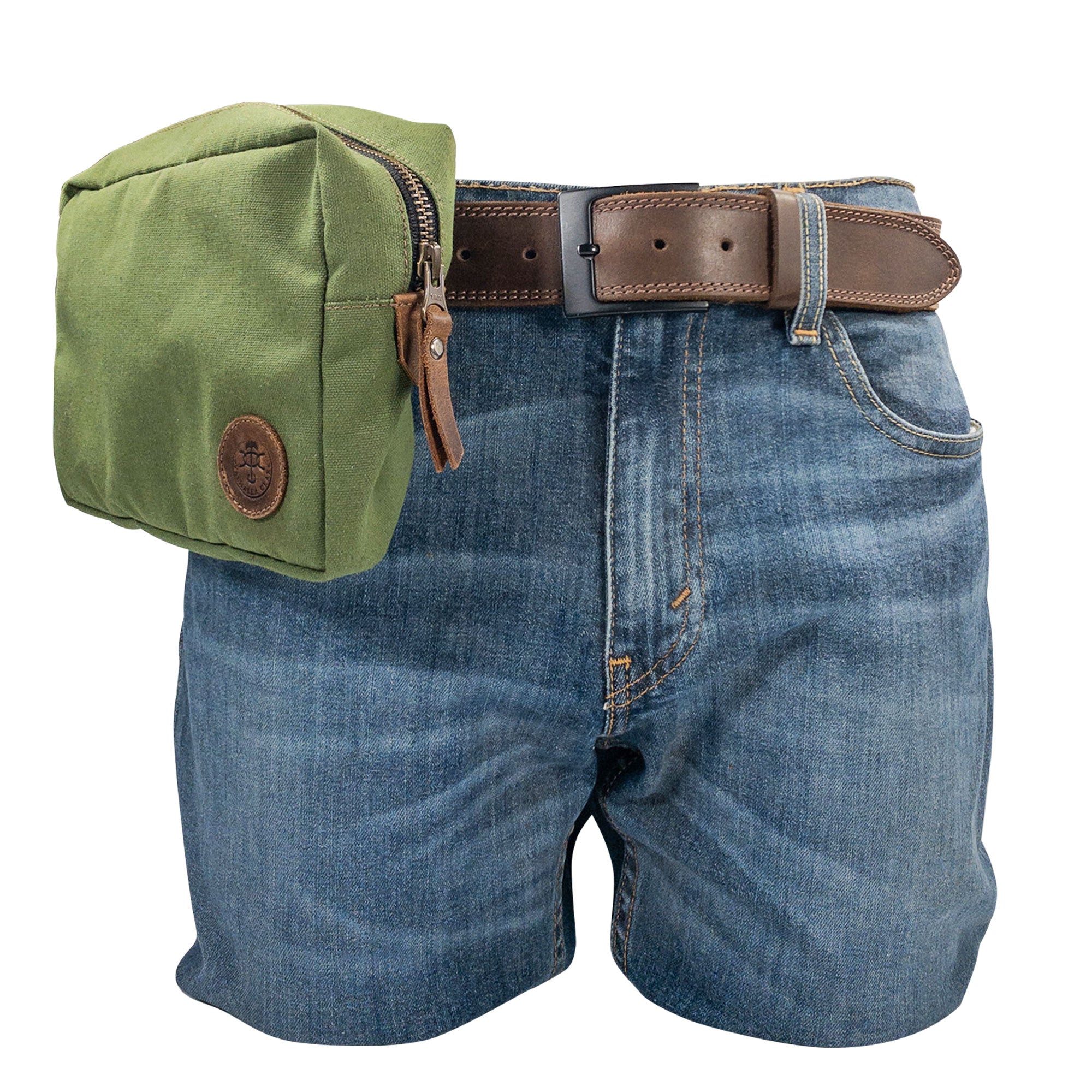 Rectangular Utility Bag for Camping by Valhalla Gear attached to a belt, demonstrating versatility and ease of use, made from water-resistant canvas and full grain leather in small batch production in La Antigua Guatemala.