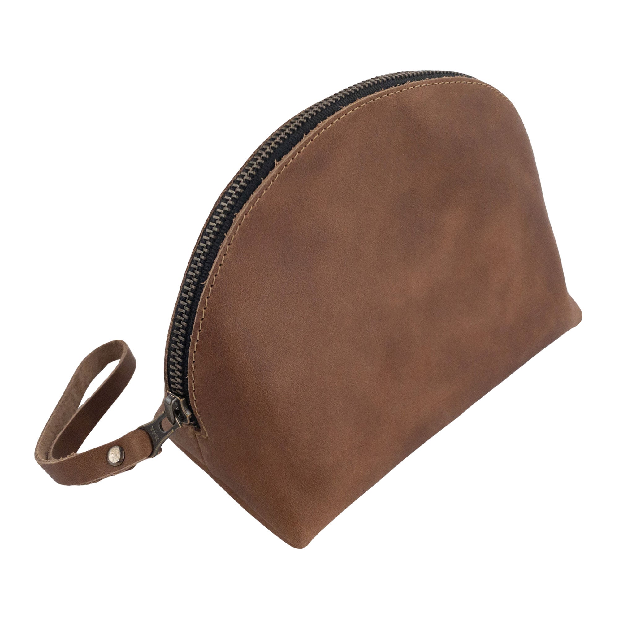Front view of the Accessory Pouch Organizer Hand Bag by Hide & Drink, crafted from brown full grain leather. Ideal as a Cosmetic Travel Organizer with Hand Strap for Women, it serves as a stylish Makeup Bag and Classic Handbag, showcasing craftsmanship from La Antigua Guatemala & Oaxaca Mexico.