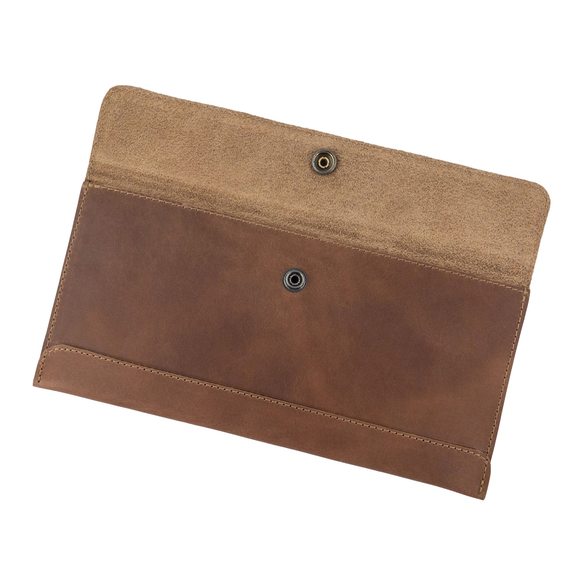 Open view of Hide & Drink's brown Travel Hand Wallet, revealing its practical compartments, crafted from durable Full Grain Leather. A fantastic Travel Wallet, artisans hand cut and sew it in La Antigua Guatemala & Oaxaca Mexico.