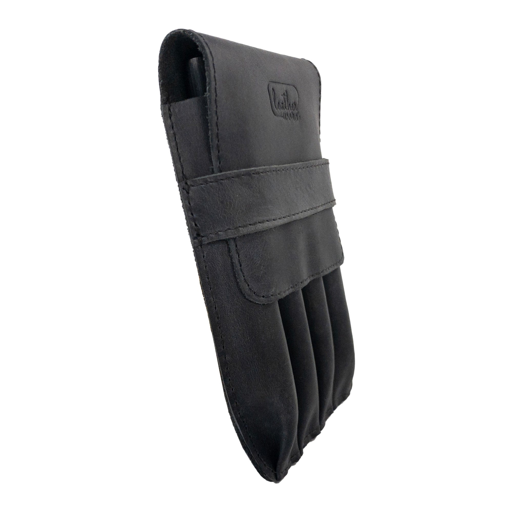 Side angle of the Leather Worx 4-Pen Holder in black leather, demonstrating its elegant and functional minimalist design. Crafted with full grain leather, this handmade pencil case showcases artisan skills, small batch production, and durability from La Antigua Guatemala.
