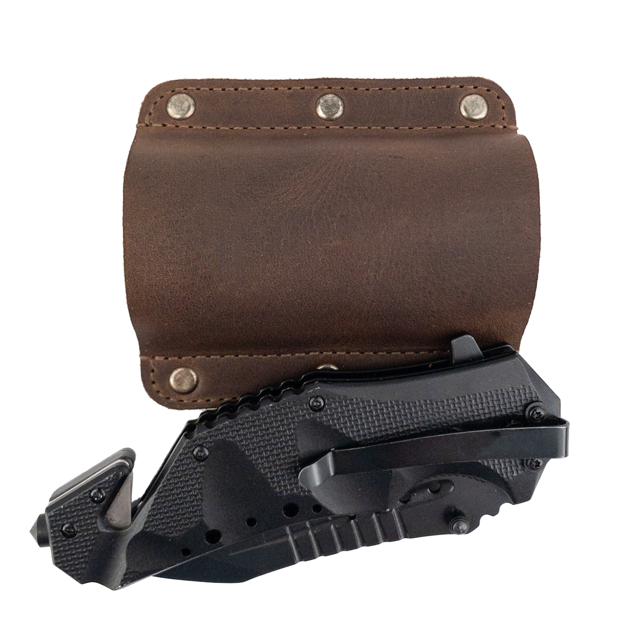 Knife Sheath for Belt from Valhalla Gear, shown alongside a black knife. The full grain leather construction makes this Knife Holster - Horizontal Holder a reliable choice for outdoor enthusiasts, reflecting artisan craftsmanship from La Antigua Guatemala & Oaxaca Mexico, perfect for tool cases.
