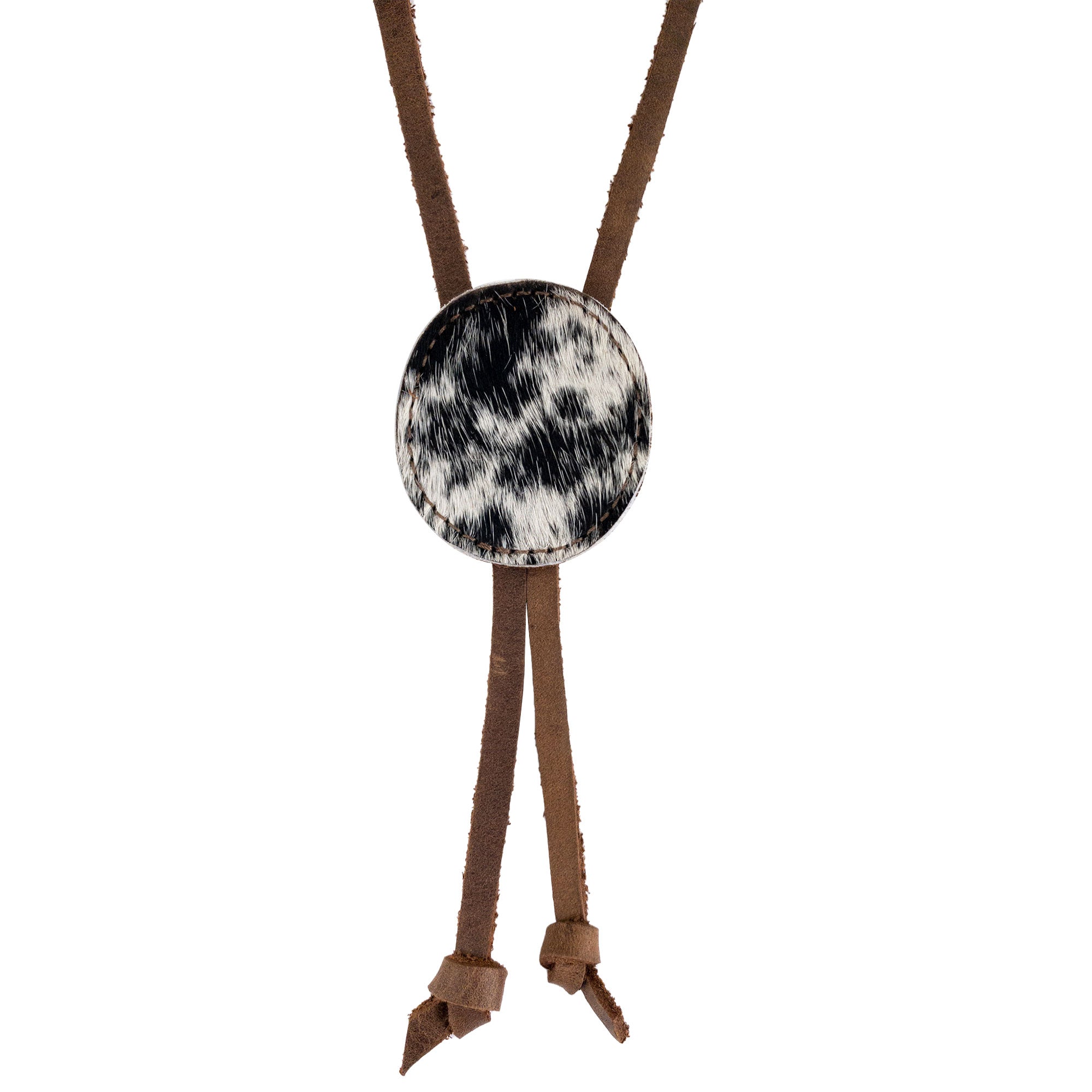 Stylish Cowboy Bolo Tie by Western Leather Works with round shape and full grain leather craftsmanship. This necktie costume accessory showcases artisan qualities through small batch production, hand cut, and hand sewn, handmade in La Antigua Guatemala & Oaxaca Mexico.