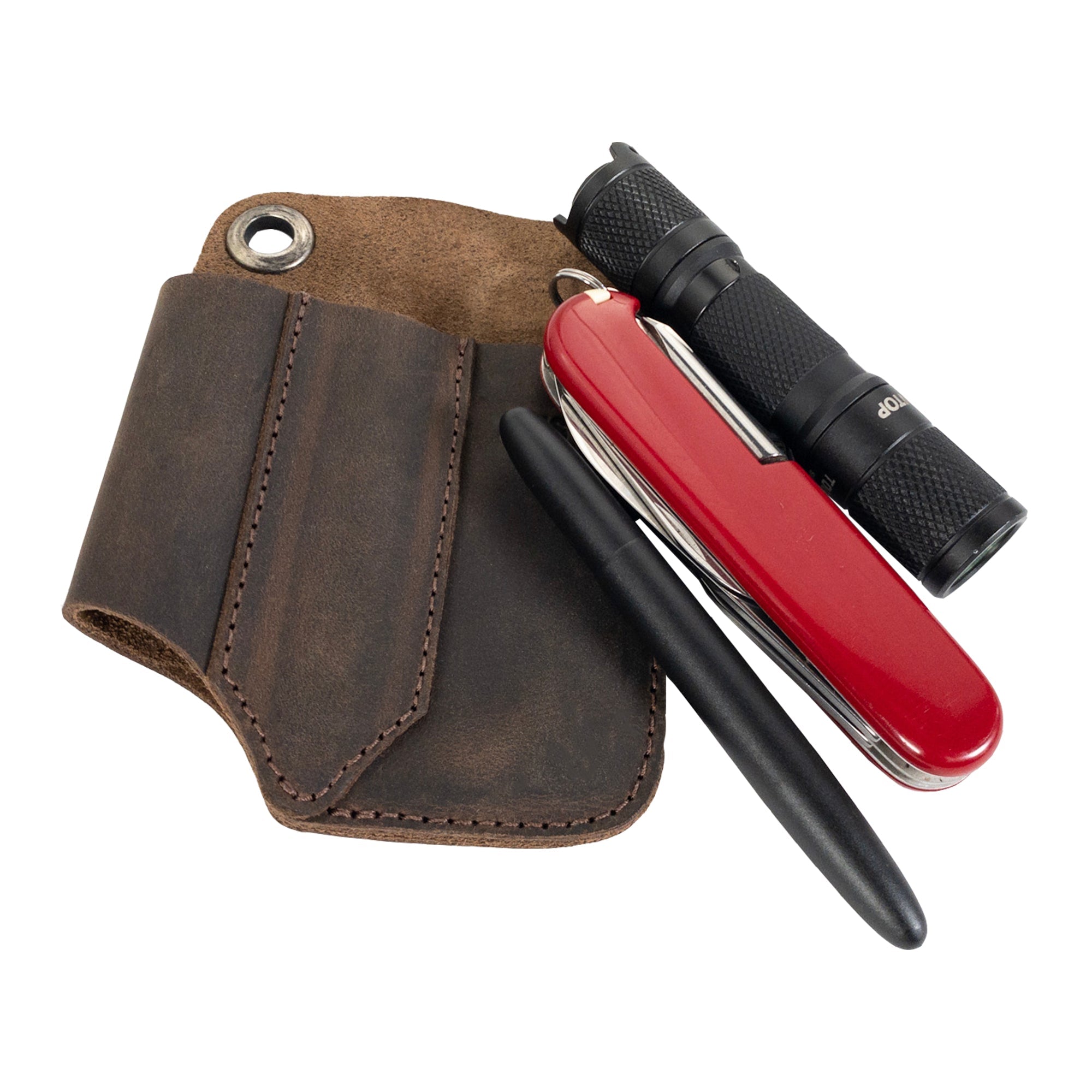 Compact EDC Tool Holster from Valhalla Gear alongside essential tools, showcasing its practical design. Hand cut and sewn from full grain leather, this artisan-made pocket case is perfect for anyone looking for a durable and stylish rustic sleeve for tools.