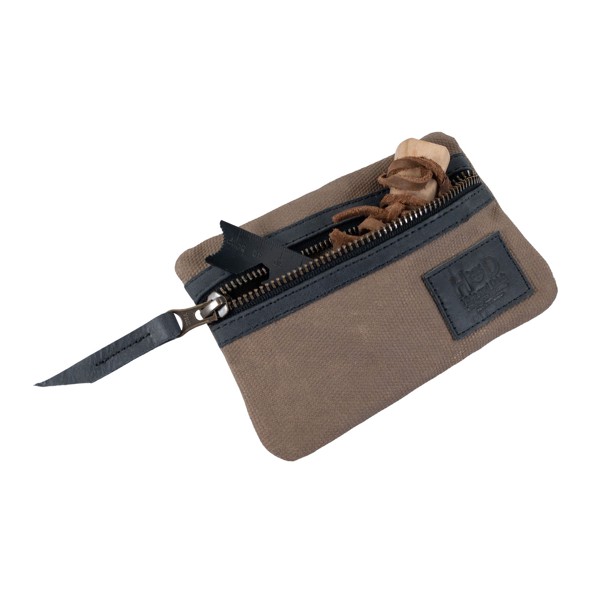 Open khaki Multi-tool Pocket Pouch by Hide & Drink, displaying the convenient compartments designed for everyday carry tools.