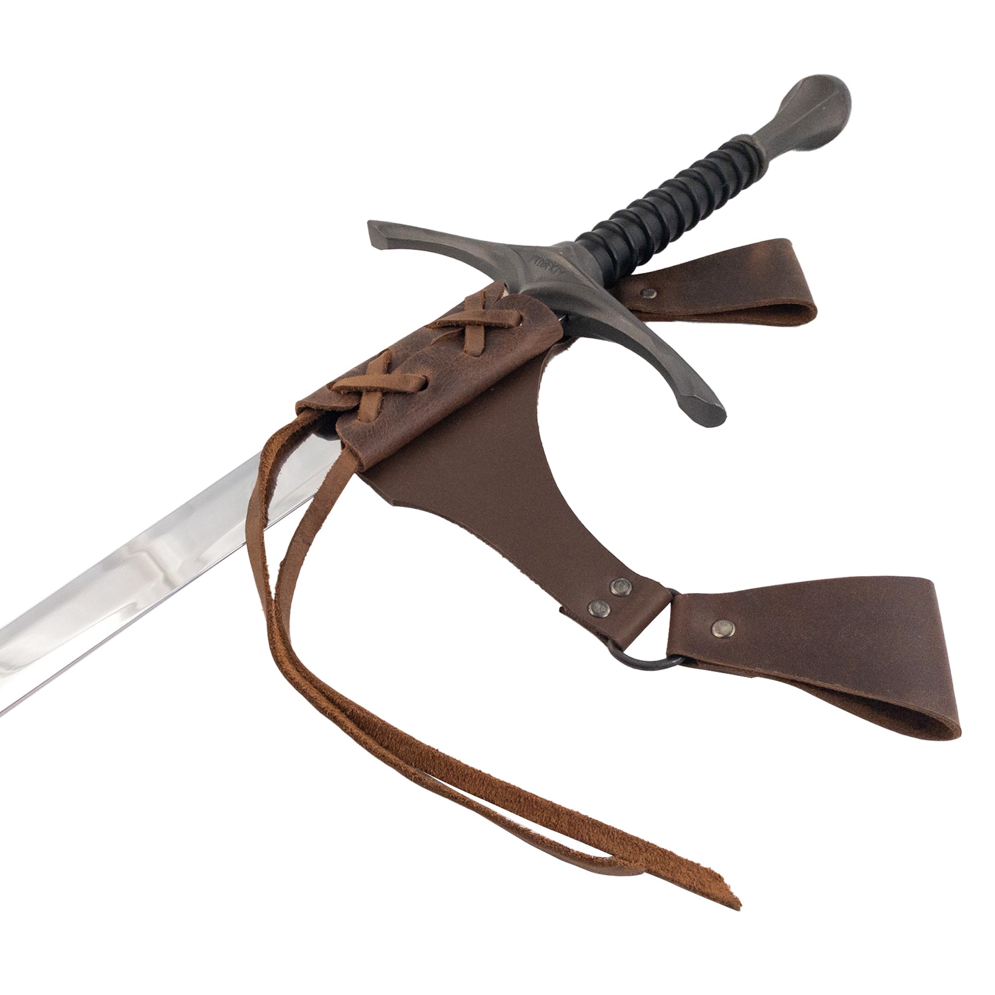A sleek side view of the Dangling Sword Holder by Hide & Play, featuring a sword secured with leather ties. This full grain leather accessory is an excellent choice for fantasy cosplay and historical costumes, embodying artisan craftsmanship from La Antigua Guatemala and Oaxaca Mexico.