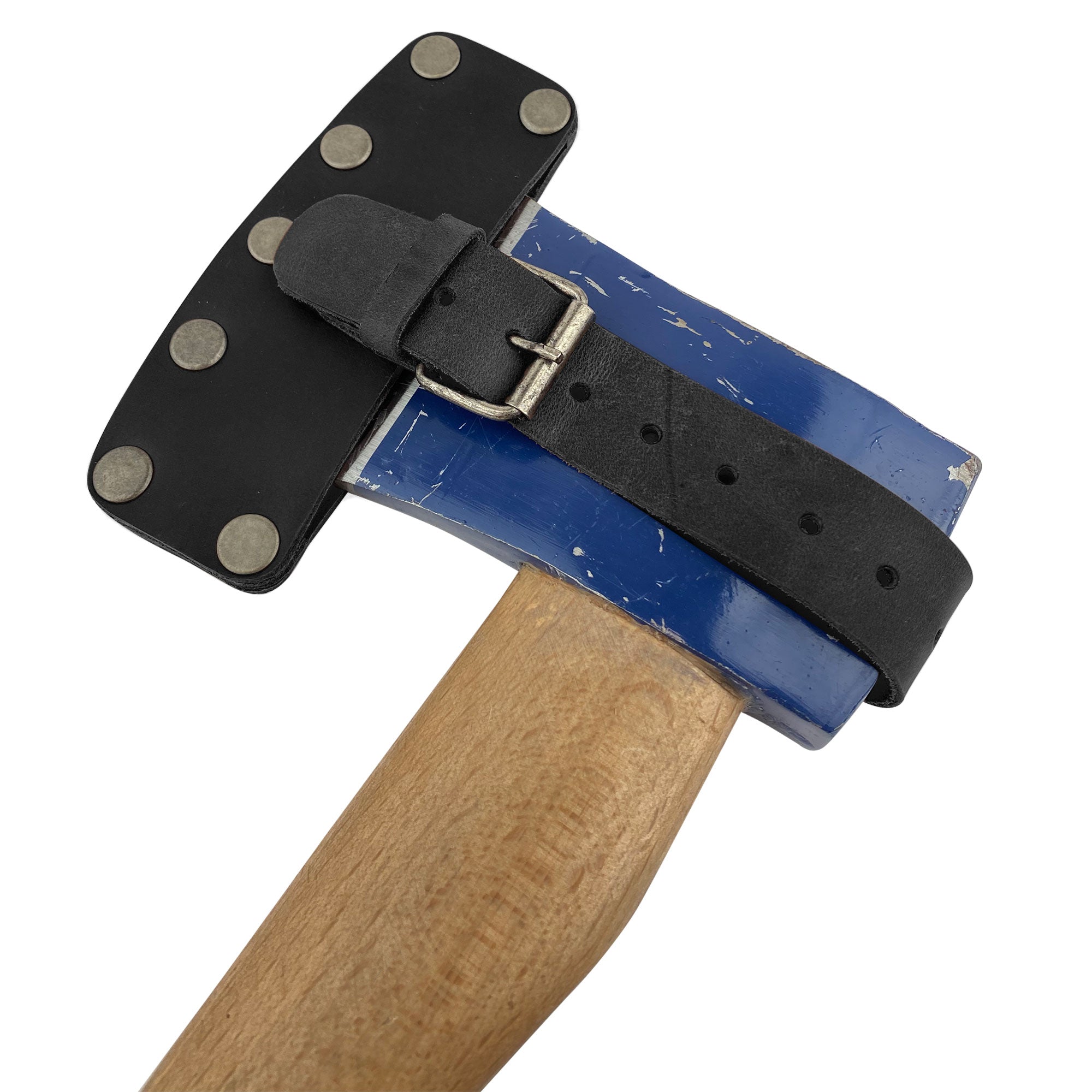 Lumberjack Axe Head Sheath by Valhalla Gear, securely fitted onto an axe. This Handmade from Full Grain Leather - Protector Case ensures blade safety, essential for any camping accessory. Perfect for lumberjack outdoor work essentials, this Artisan item represents quality with its hand cut, hand sewn, fire branded design made in La Antigua Guatemala & Oaxaca Mexico.
