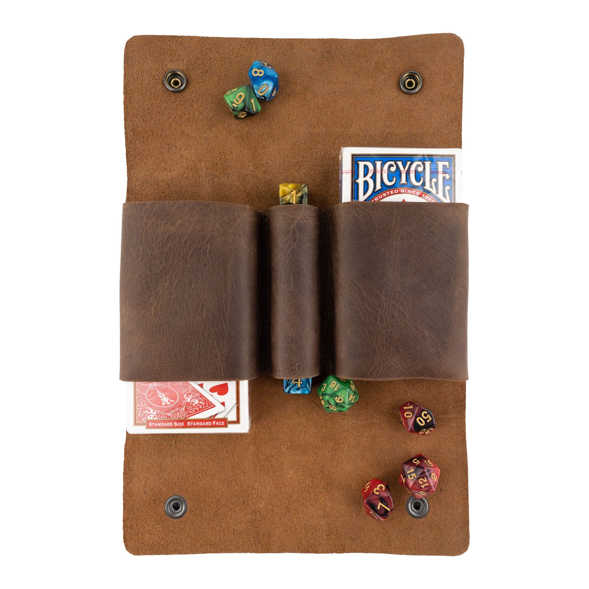 Hide & Drink's Playing Card Case open with playing cards and dice inside, illustrating its function as a card bag and deck protector. This handmade item, made from Full Grain Leather, is ideal for travel and poker games, showcasing artisan craftsmanship.