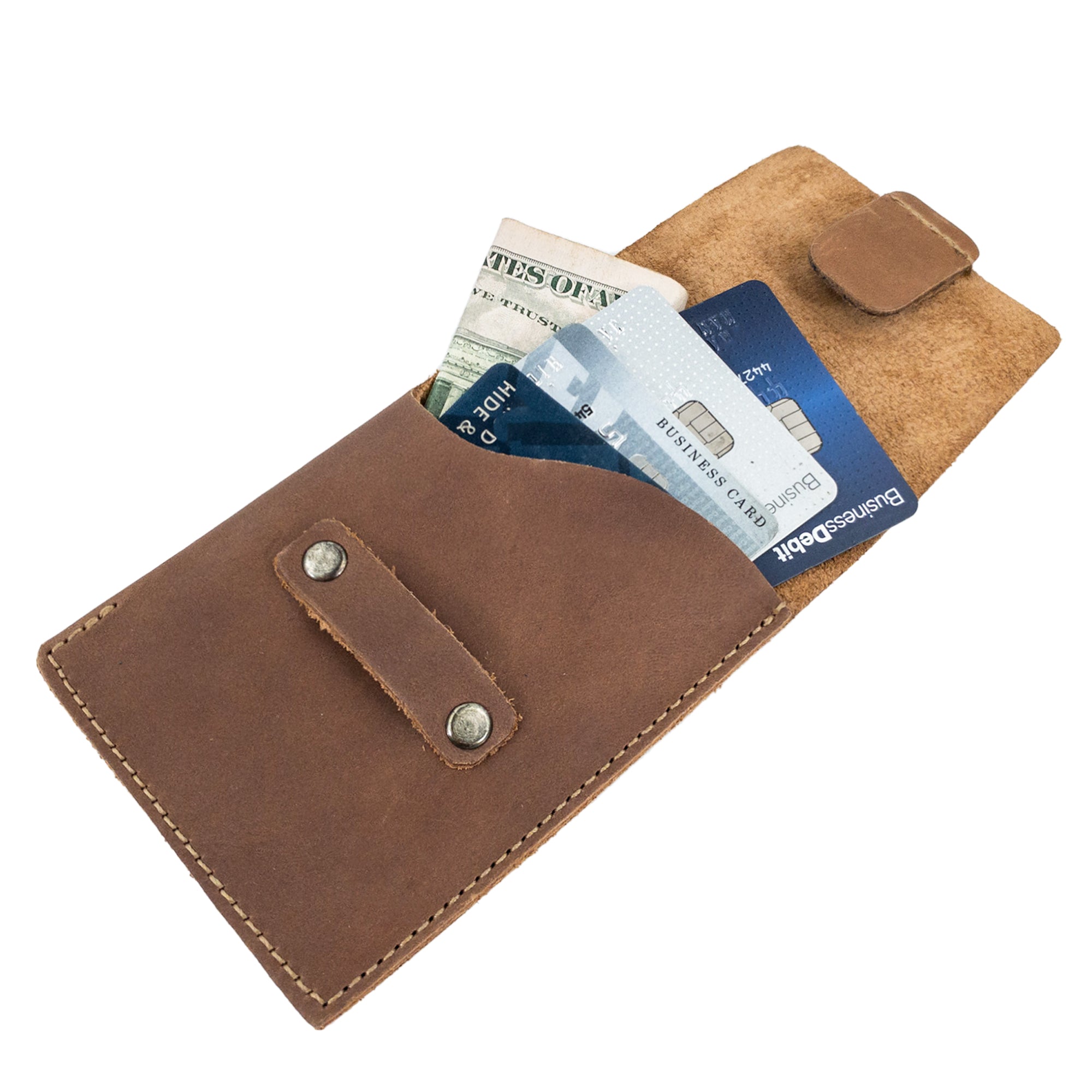 Hide & Drink Slim Card Holder showing functionality with cards and cash, ideal for everyday use. Made from full grain leather, this artisan piece is handcrafted in La Antigua Guatemala, perfect as a durable double storage pocket wallet.