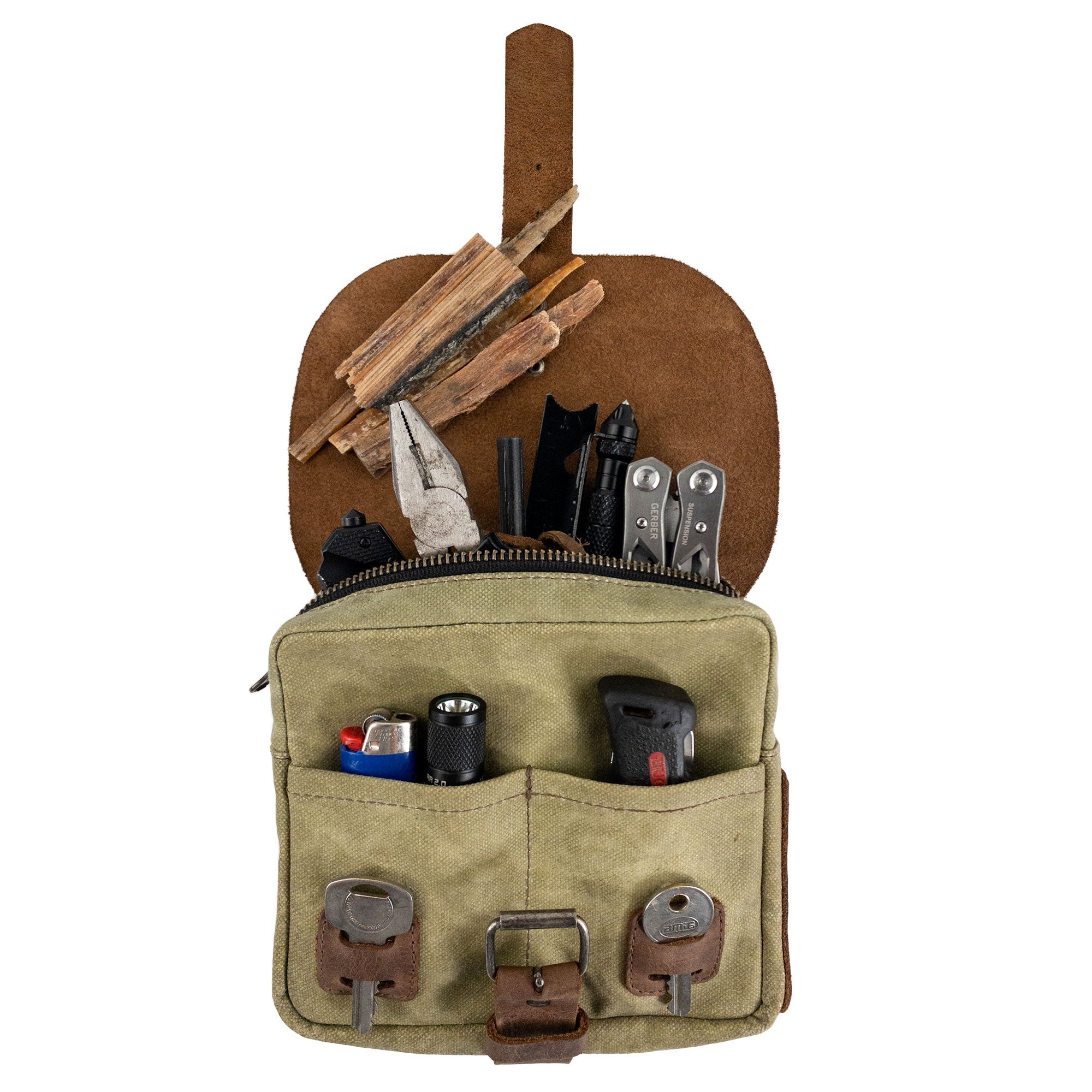 Stylish showcase of the Survival Camping Pouch by Hide & Drink displaying various colors. Handcrafted from Water Resistant Waxed Canvas & Full Grain Leather, perfect for outdoor tools and survival kits.