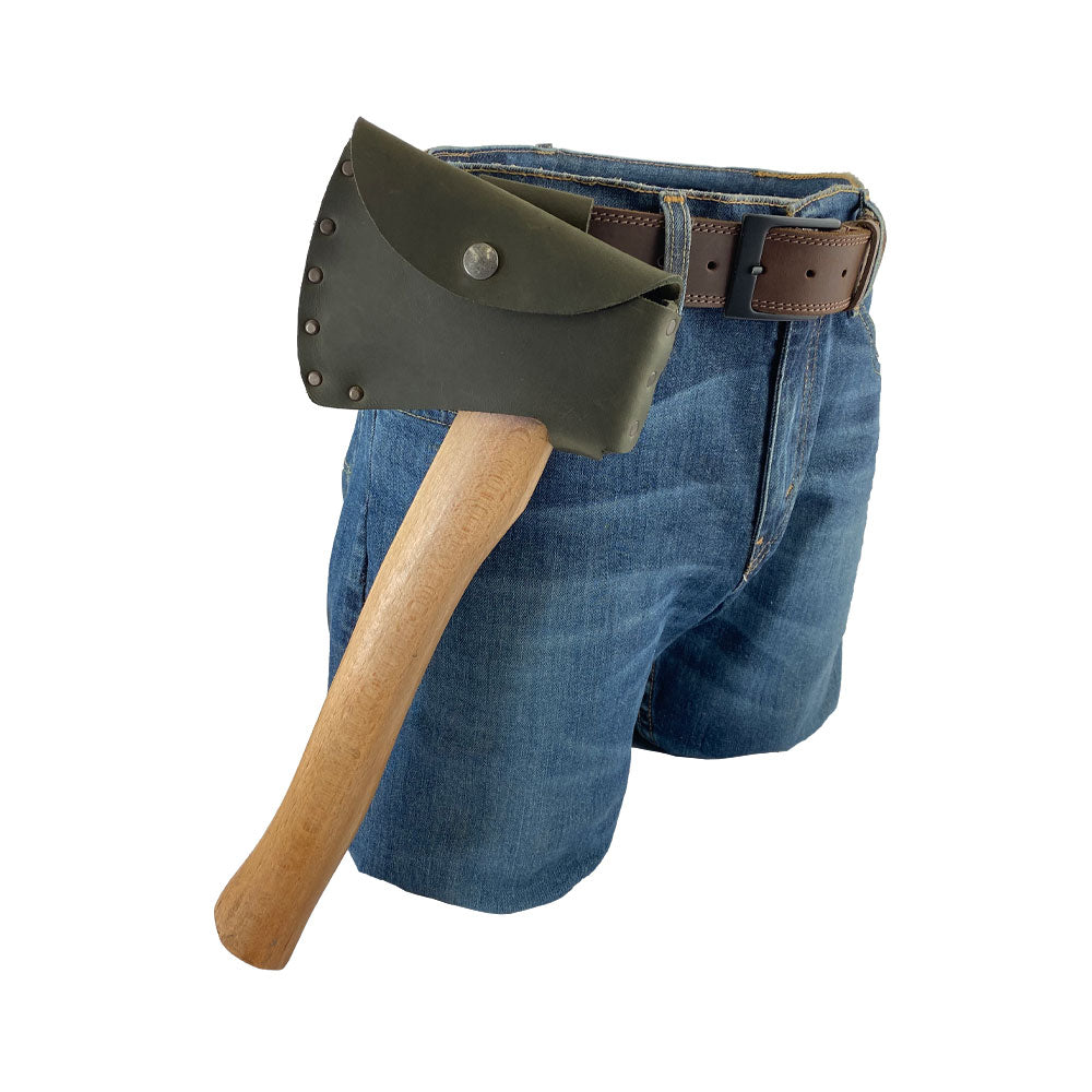 Hide & Drink Hatchet Head Sheath in green leather displayed for its sleek design as a functional holster for 1.5 in. belts. This artisan-made axe head case is perfect as a blade cover, suitable for lumberjack outdoor work.