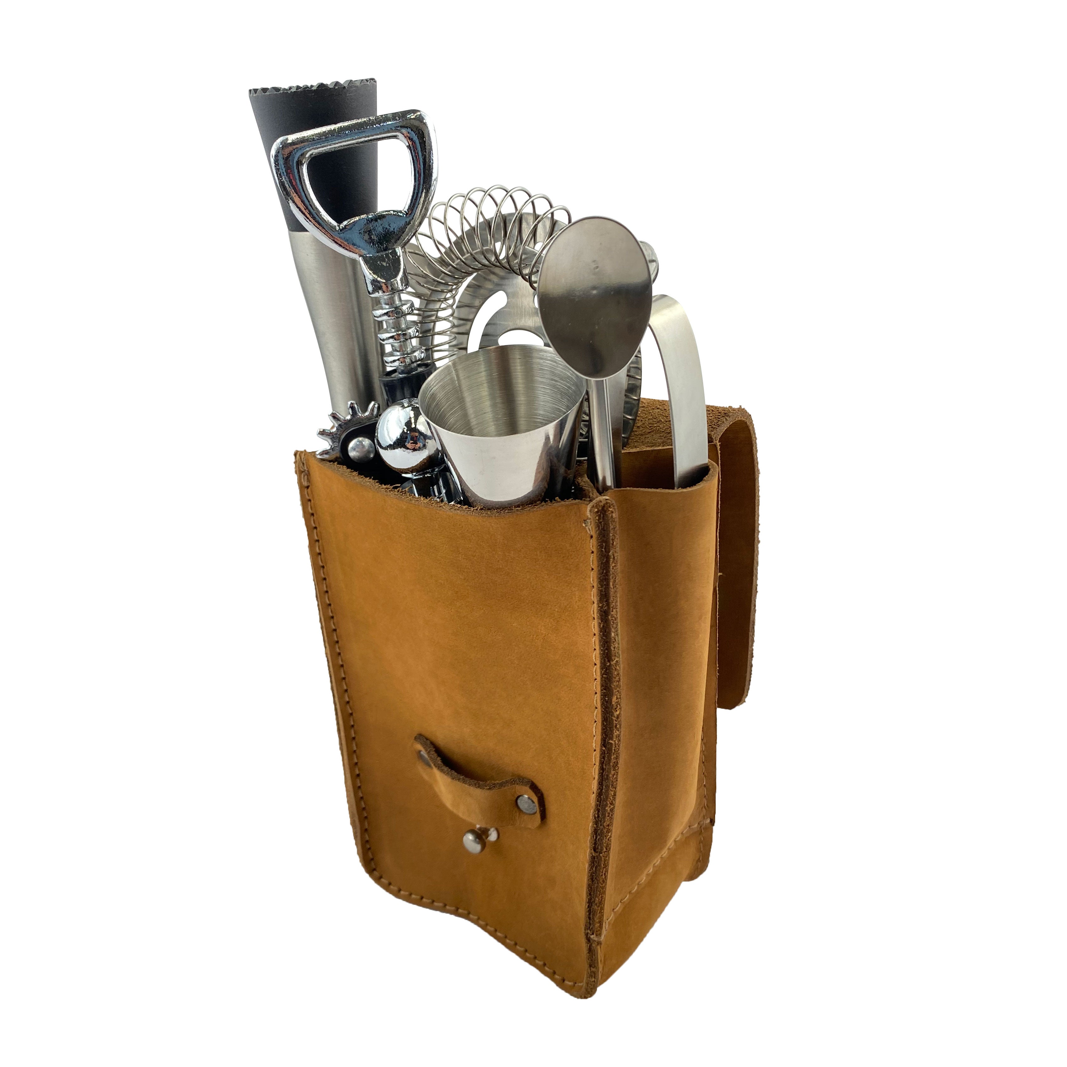 Tan Bartender Fanny Pack by Hide & Drink filled with bartending tools, demonstrating its utility and style. This thick full grain leather pouch is perfect for a corkscrew holster and is artisan-crafted in La Antigua Guatemala.