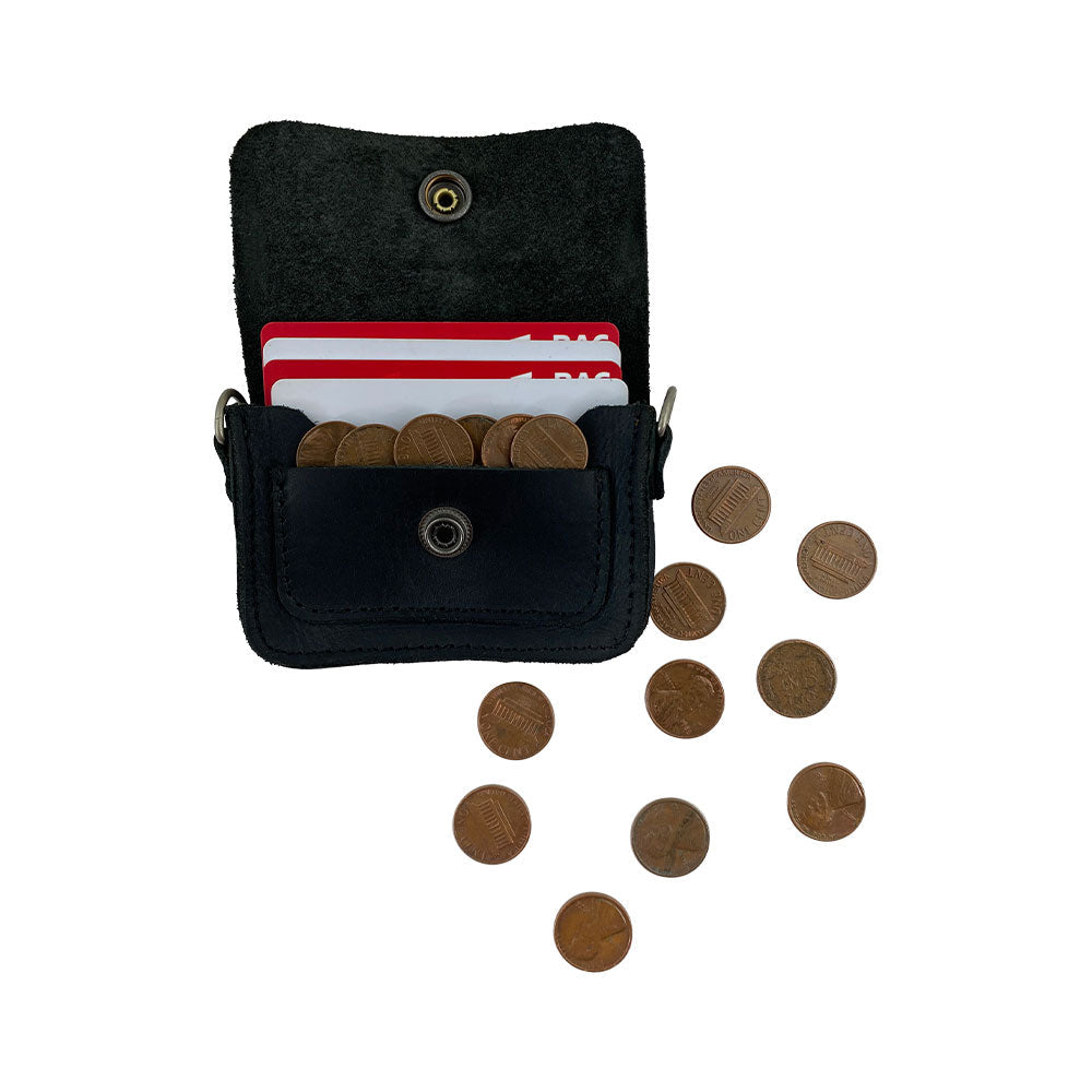 Dimensions of Hide & Drink's Card Holder Briefcase Style next to a credit card, highlighting the design of the Mini Briefcase Card Holder made from Full Grain Leather. This handmade cash organizer holds up to 10 cards and folded bills, demonstrating the quality of artisanal production.