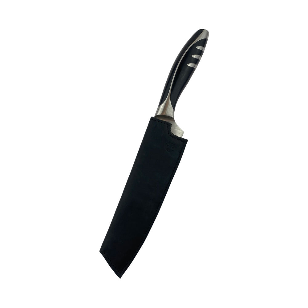 Hide & Drink's stylish black Thick Full Grain Leather Chef Knife Sheath, tailor-made for 180mm blades; a beautifully handmade piece highlighting artisan craftsmanship.