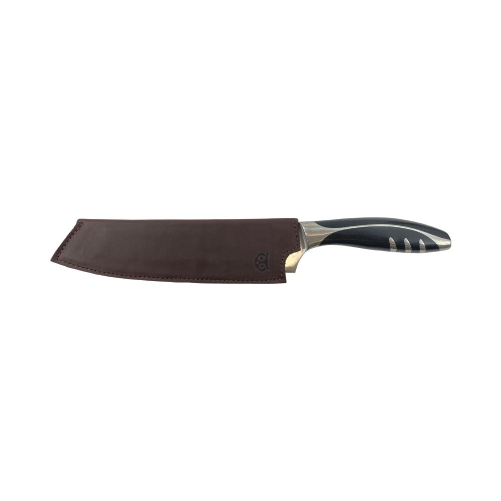 Showcasing the Chef Knife Sheath from Hide & Drink, ideal for 180mm blades, crafted from Thick Full Grain Leather; a true artisan piece reflecting small batch production.