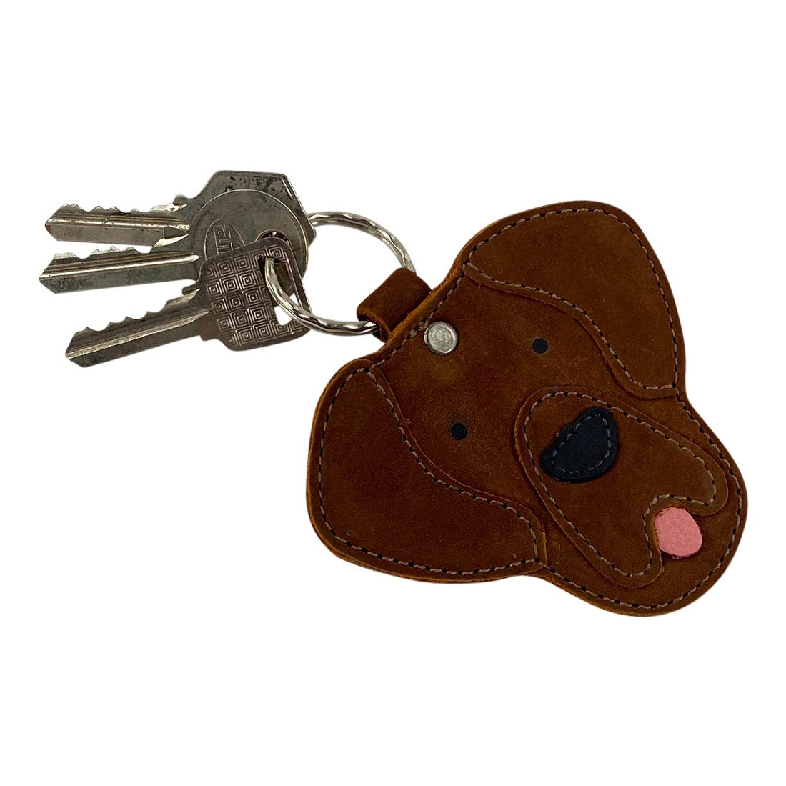 Side view of the brown Labrador Dog Critter Keychain by Taco Dog, displaying keys. This cute accessory is made from Full Grain Leather, emphasizing artisan craftsmanship and small batch production, perfect for pet lovers.