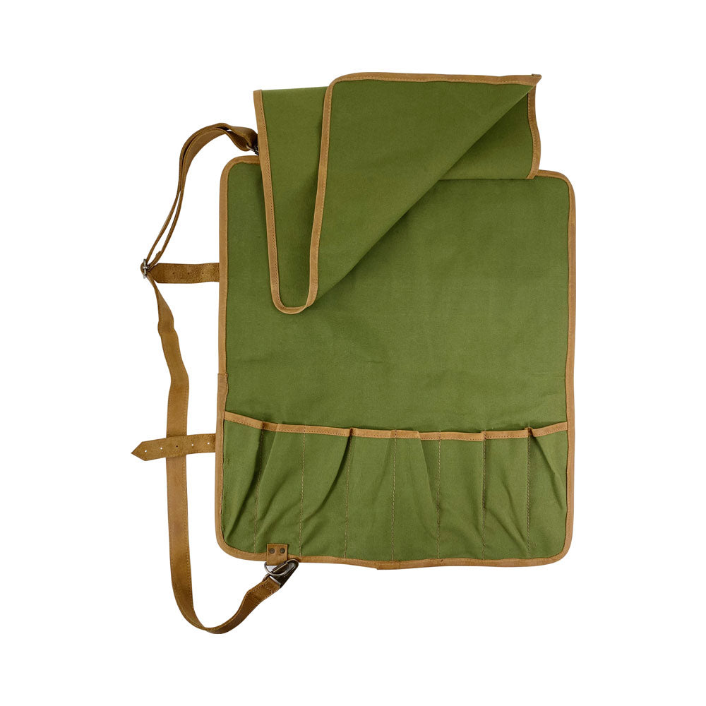 Open view of Hide & Drink Knife Roll With Water Resistant Lining (8 Pockets) with compartments for knives. A rugged Chef's Knife Roll Bag (8 Pockets) perfect for travel and portable knife organization.