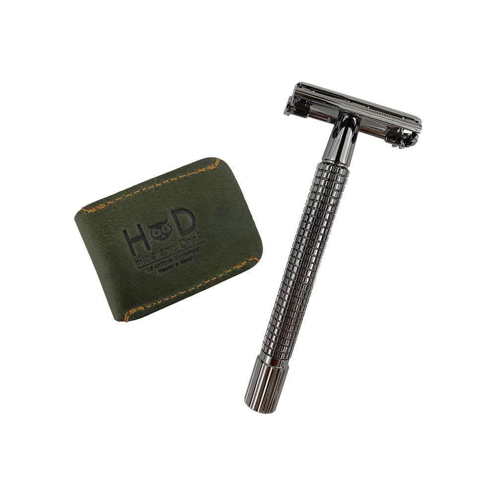 Razor Head Cover by Hide & Drink displayed alongside a double edge safety razor, showcasing the full grain leather sheath's durability and handmade details, perfect for travel and protection.