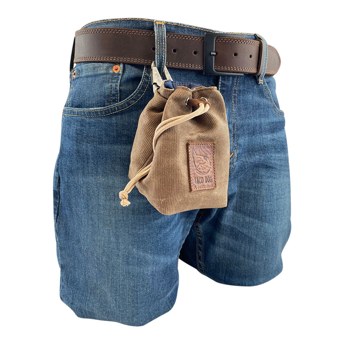 Taco Dog Treat Training Bag clipped onto a belt, illustrating its portability for trainers on the go. This small batch, handmade pouch is designed for storing treats, highlighting the artisan production from La Antigua Guatemala.