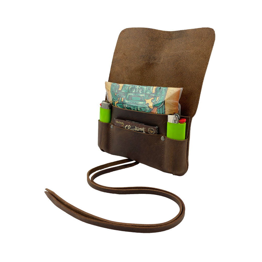 Side view of Hide & Drink Tobacco Pouch, showing its sleek and functional design, made for smoking accessories in mind, featuring handmade craftsmanship.