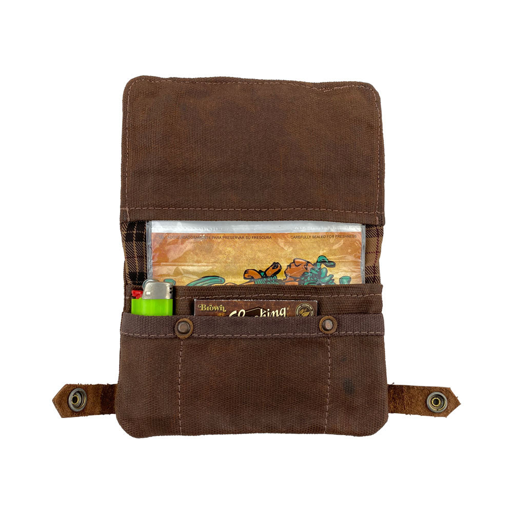 Hide & Drink Tobacco Pouch Waxed Canvas open revealing its interior compartments designed for efficient storage. This handmade travel essential showcases artisan craftsmanship while being perfect for tobacco and field notes.