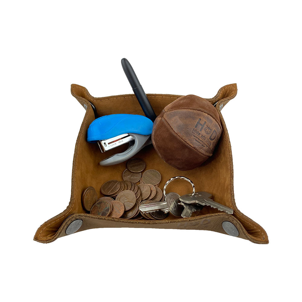 Hide & Drink Valet Tray showcasing an artisan design with rustic leather details, ideal for home storage solutions. Handmade in La Antigua Guatemala & Oaxaca Mexico, Catchall Change Key Wallet Coin Box Tray Storage Valet, Full Grain Leather, StockyardX, Small Batch Production, Hand Cut, Hand Sewn, Fire Branded, Artisan.