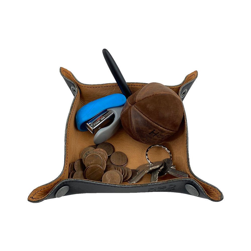 Hide & Drink Valet Tray featuring a rich leather color and sturdy design, perfect for everyday use. Handmade in La Antigua Guatemala & Oaxaca Mexico, Catchall Change Key Wallet Coin Box Tray Storage Valet, Full Grain Leather, StockyardX, Small Batch Production, Hand Cut, Hand Sewn, Fire Branded, Artisan.