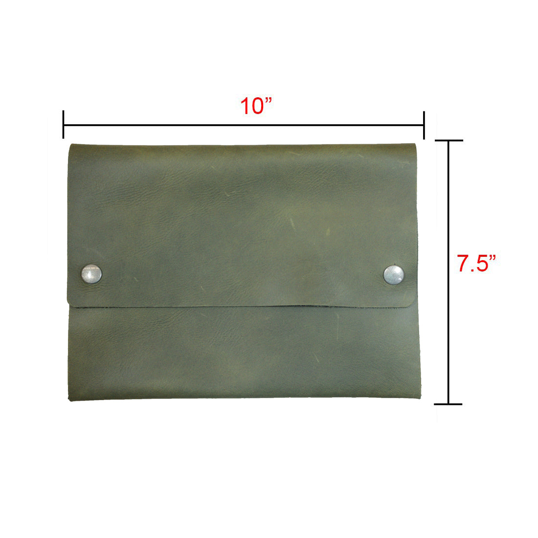 Dimensions of Hide & Drink's olive green Multipurpose Portfolio, showcasing attention to detail in its Full Grain Leather construction, perfect for organizing field notes, wallets, and keys. Handmade in La Antigua Guatemala & Oaxaca Mexico.