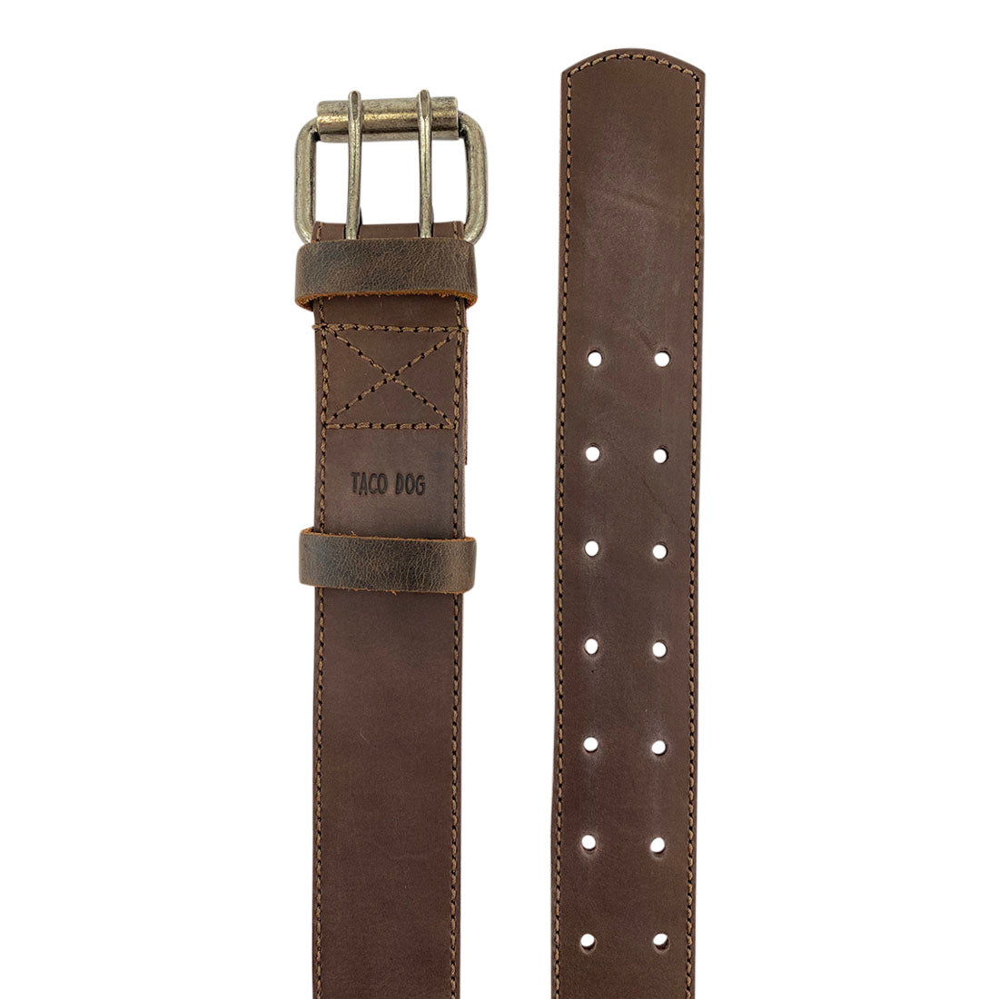 Close-up of Taco Dog Dog Collar showcasing its elegant buckle and adjustable design for large dogs. Featuring 7 adjustable holes, this collar made from durable full grain leather combines heavy duty hardware with handmade craftsmanship from La Antigua Guatemala and Oaxaca Mexico, perfect for animal lovers seeking minimalist style.