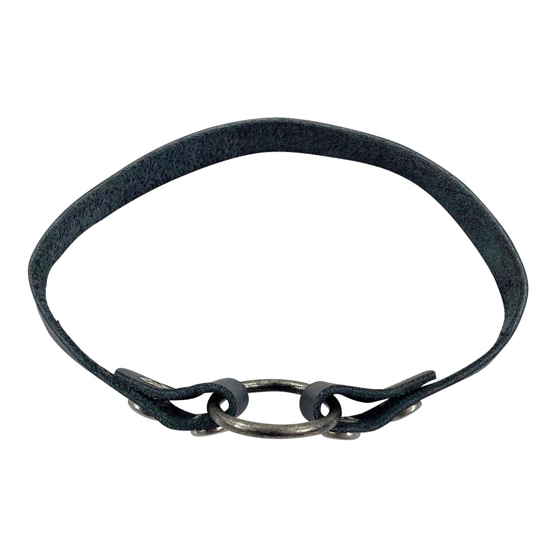 Goth Choker by Hide & Drink lying flat against a neutral background, highlighting the intricate stitching and durable leather that make it a long-lasting and stylish accessory. Goth Choker - Stylish Necklace, Trendy Accessory, Soft, Durable Collar - Punk Style with Metal Ring and Hardware, Adjustable, Full Grain Leather, StockyardX, Small Batch Production, Hand Cut, Hand Sewn, Fire Branded, Artisan, Handmade in La Antigua Guatemala & Oaxaca Mexico.