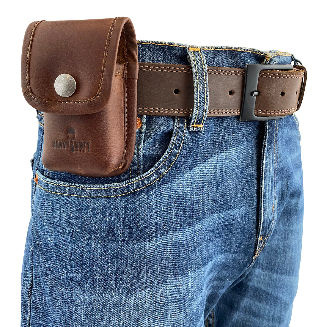 Heavy Duty Hide Multitool Sheath attached to a belt, demonstrating its hands-free carrying capability. This full grain leather tool pouch is perfect for keeping tools accessible on the job site. An artisanal tactical accessory made in La Antigua Guatemala.