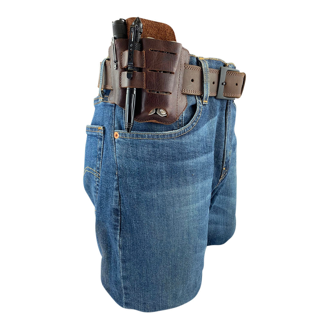 Urban Tactical Tool Holster by Hide & Drink worn on a belt, demonstrating its practicality for carrying essential tools. This Urban Tactical Tool Holster - Durable Accessory for Carrying Tools with Easy Belt Attachment - Great for Multi-Tool, Pliers, Flashlight, emphasizes handmade quality from La Antigua Guatemala & Oaxaca Mexico.