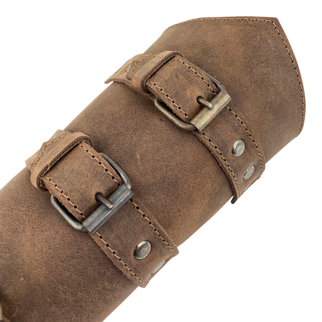 Close-up of Valhalla Gear Set of 2 Archery Buckle Bracer highlighting the sturdy buckles and leather texture. This wrist guard for archery features adjustable buckle straps for comfort and is handmade from quality full grain leather.