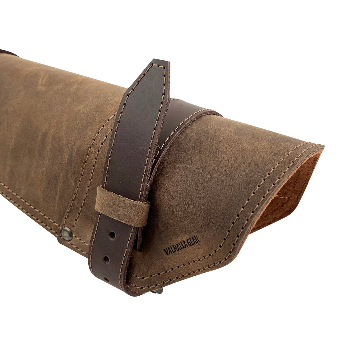 Detail of the fastening on Valhalla Gear Vambrace Bracer - 2 pack, illustrating the meticulous hand cut and hand sewn construction of these Viking style wrist guards. This pair is crafted from full grain leather and designed for archery, made in La Antigua Guatemala & Oaxaca Mexico.