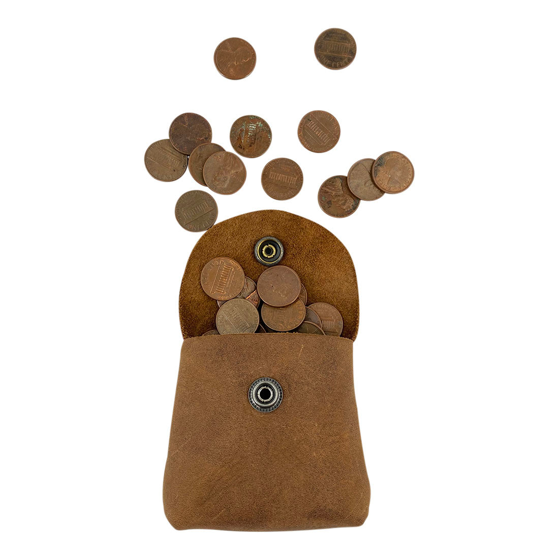 The Vintage Coin Pouch by Hide & Drink spilled with coins, demonstrating its capacity to hold various small valuables. This handmade accessory combines functionality with vintage style. Cigarette Pack Cover/Holder/Tobacco Case/Accessories, Full Grain Leather, StockyardX, Small Batch Production, Hand Cut, Hand Sewn, Fire Branded, Artisan, Handmade in La Antigua Guatemala & Oaxaca Mexico.