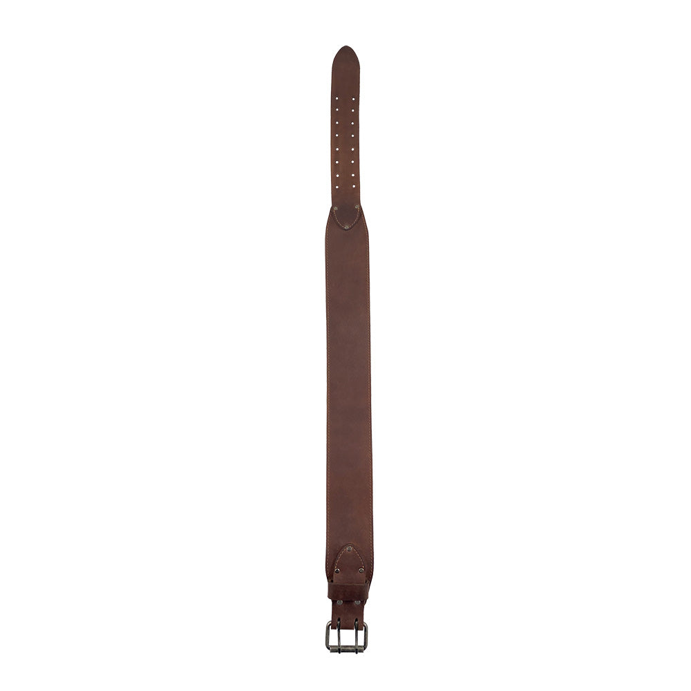 Full length view of Hide & Drink’s Weightlifting Belt, emphasizing its sleek design in rich full grain leather. Designed for functional fitness, this 3 in. wide belt fits waist sizes 31 in. to 38 in. A handmade product reflecting artisan skills from La Antigua Guatemala & Oaxaca Mexico.