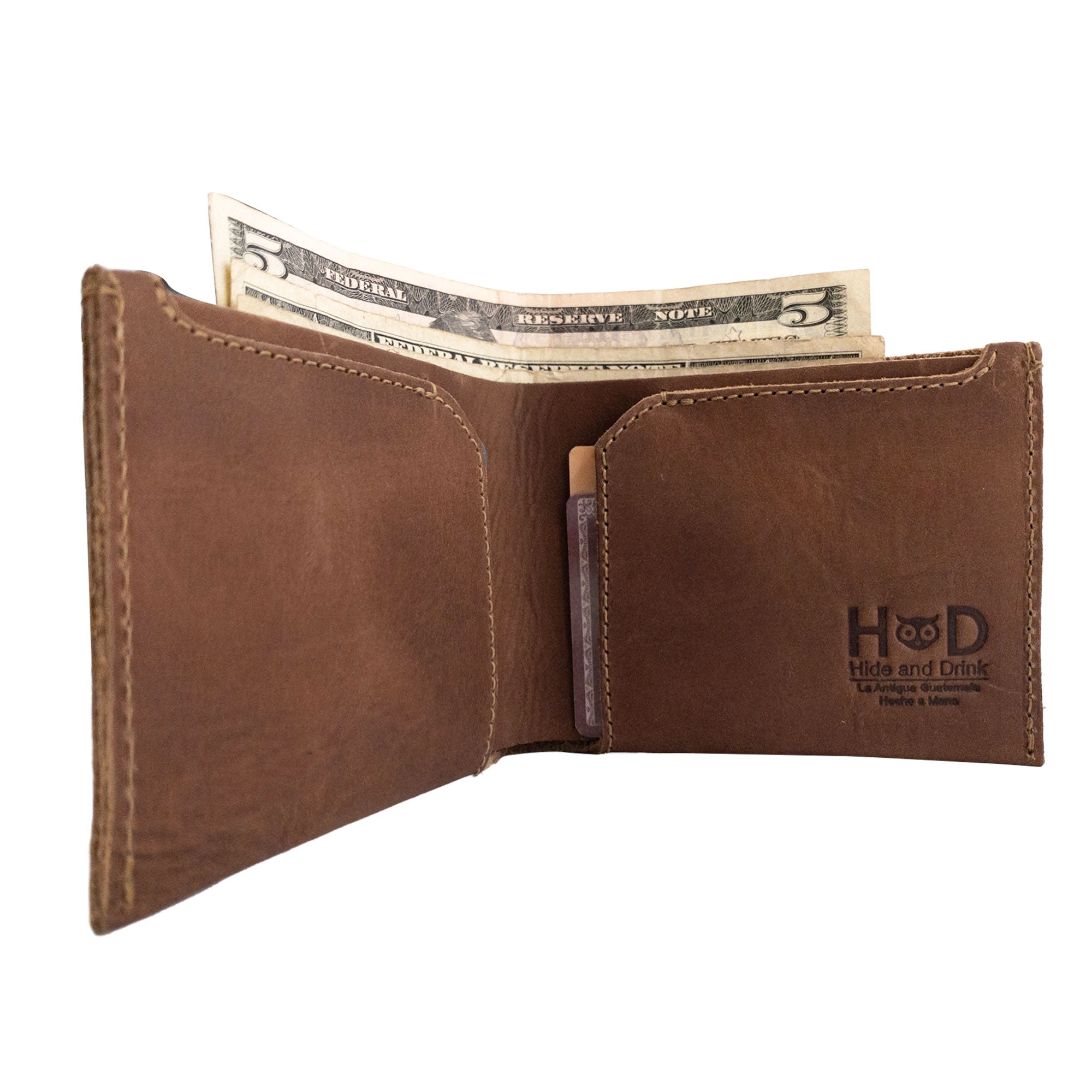 Brown Hide & Drink Classic Wallet with cards visible, illustrating its dual functionality as an organizer and stylish accessory. Classic Wallet, Card Organizer, Money Holder, Vintage Pocket, Travel Accessories, Full Grain Leather, StockyardX, Small Batch Production, Hand Cut, Hand Sewn, Fire Branded, Artisan, Handmade in La Antigua Guatemala & Oaxaca Mexico.