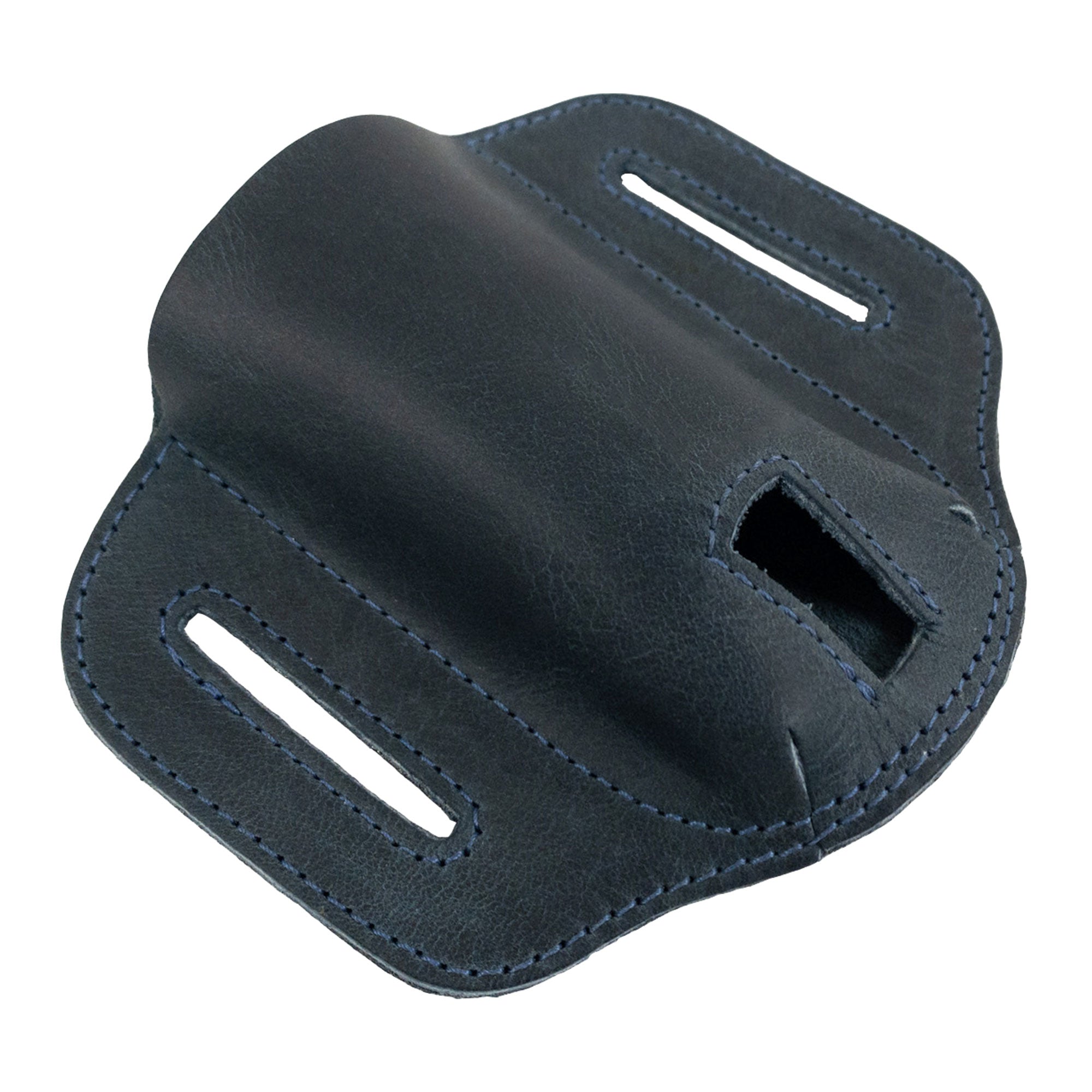 Side view of the navy Multitool Belt Sheath from Hide & Drink, emphasizing its handmade quality. This multitool holder for belt is perfect for those looking for a reliable tool holster for waist, handcrafted with care in La Antigua Guatemala & Oaxaca Mexico.