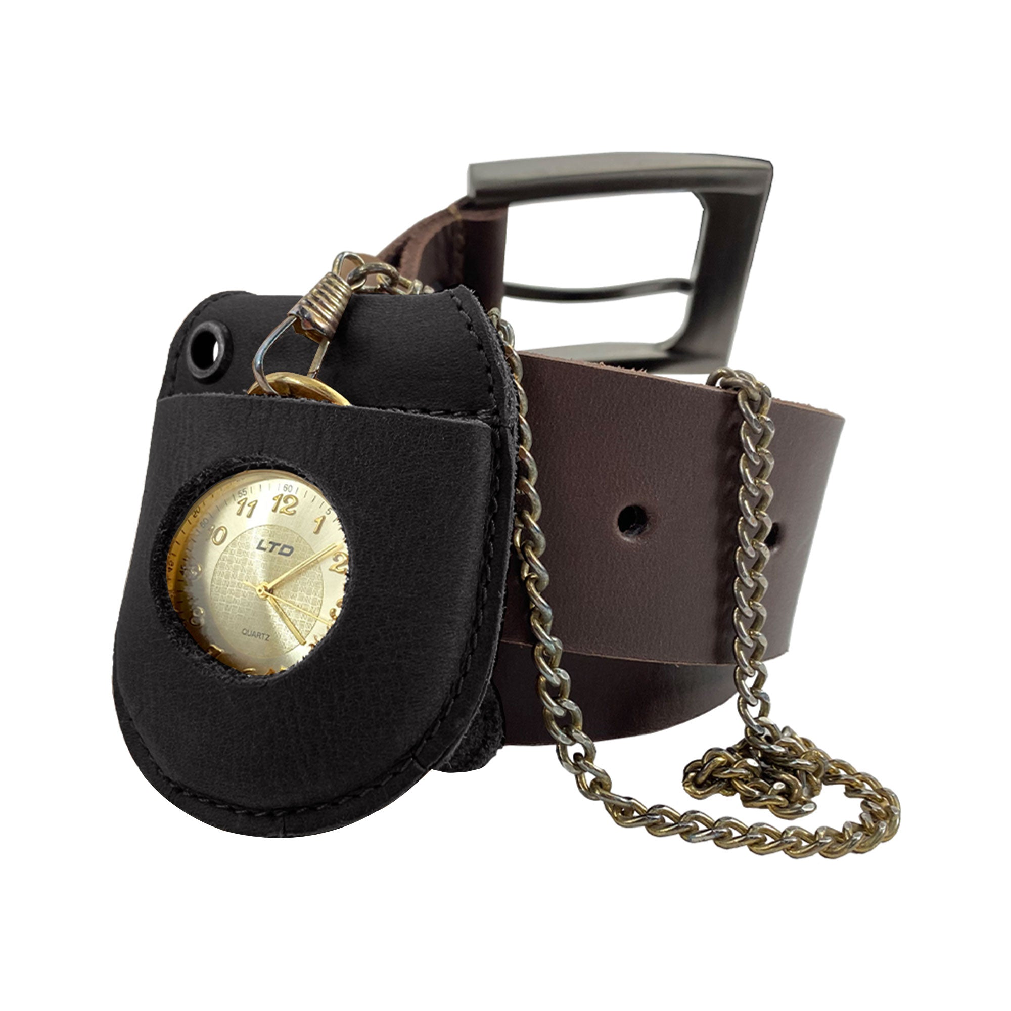 Hide & Drink Pocket Watch Holder and Case displaying dimensions for optimal use and portability. This pocket watch case is a rustic protector holder made from full grain leather, highlighting small batch production, artisan craftsmanship, hand cut, and hand sewn techniques. Handmade in La Antigua Guatemala & Oaxaca Mexico.